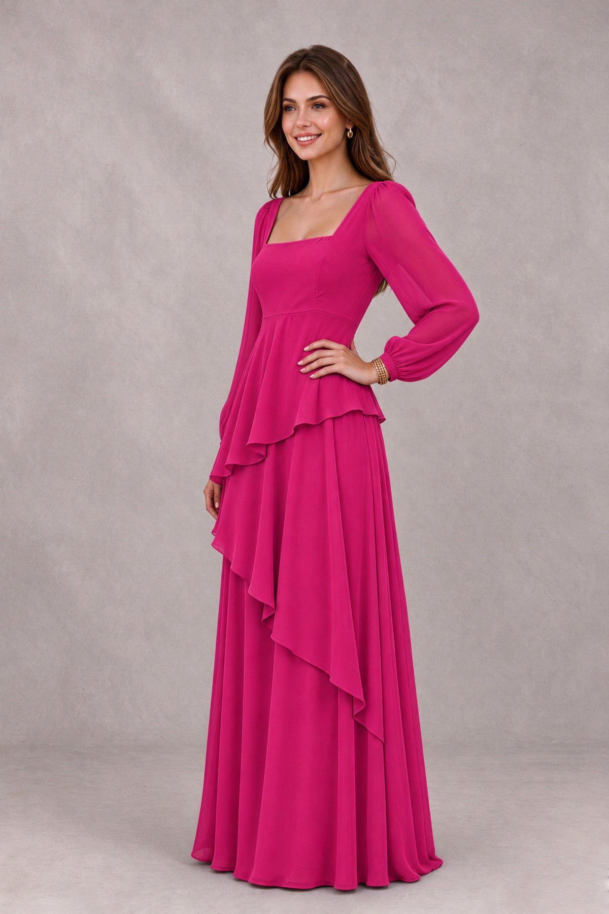 BOLODOO Hot Pink Long Sleeve Ruffle Bridesmaid Dresses - Hot Pink - Hot Pink_3