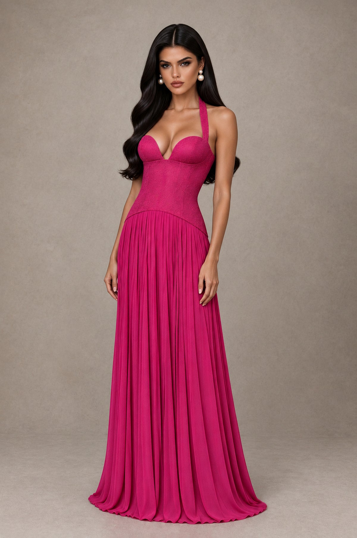 BOLODOO Hot Pink Halter Corset Pleated A-Line Evening Dress - Hot Pink - Hot Pink_3