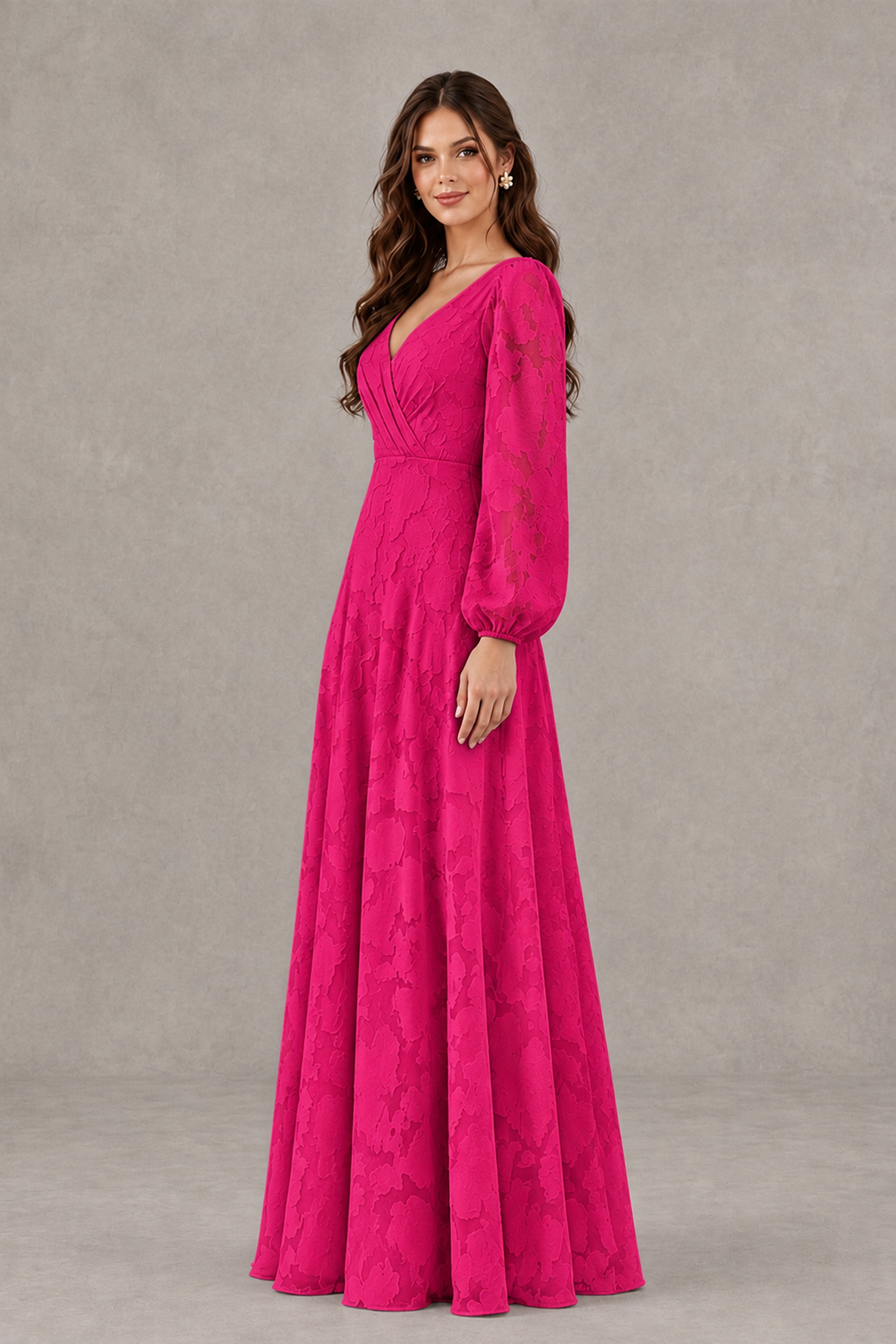 BOLODOO Hot Pink Long Sleeve V-Neck A-Line Mother of the Bride Dress - Hot Pink - Hot Pink_3