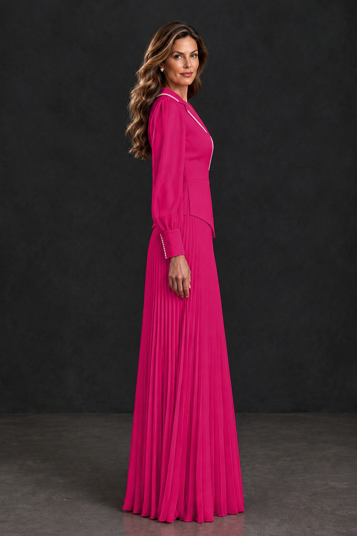 BOLODOO Hot Pink Long Sleeve Pleated Mother of the Bride Dress - Hot Pink - Hot Pink_3
