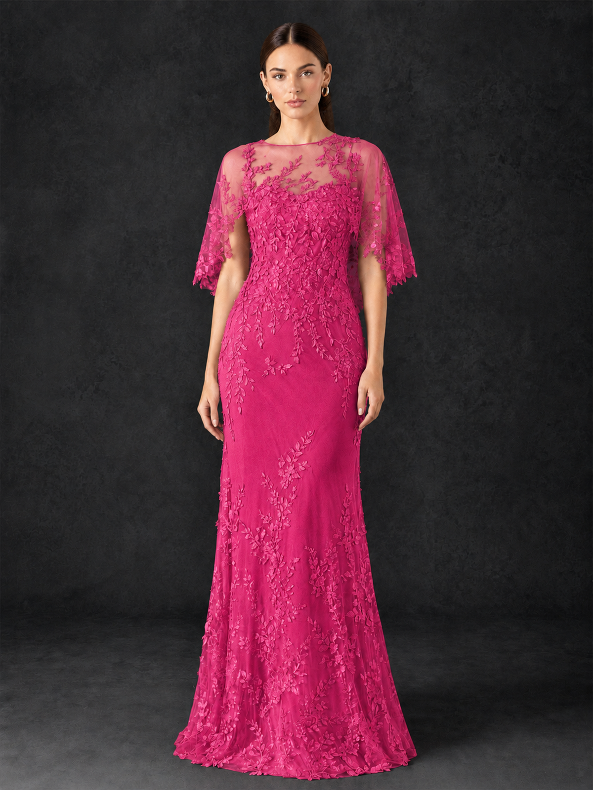 BOLODOO Hot Pink Botanical Lace Flutter Sleeve Mermaid Gown - Hot Pink - Hot_Pink_3