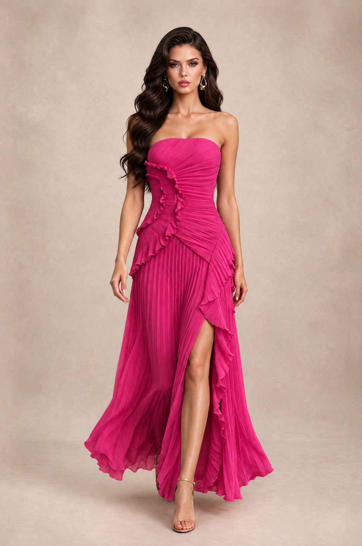 BOLODOO Hot Pink Strapless Ruffle Pleated Slit Evening Gown - Hot Pink - Hot Pink_3