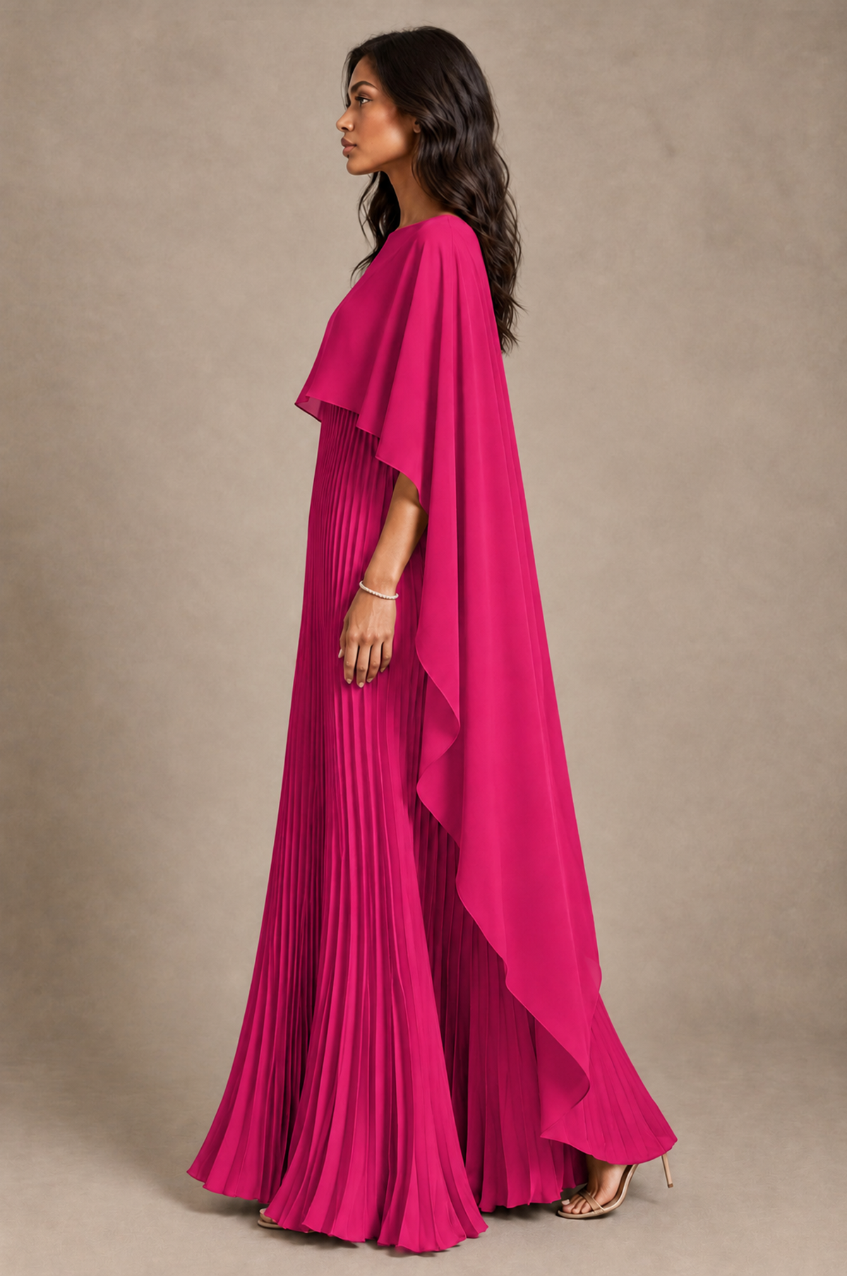 BOLODOO Hot Pink Pleated Cape A-Line Evening Dress - Hot Pink - Hot_Pink_3