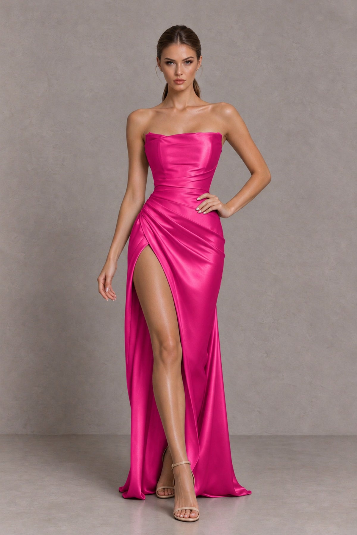 BOLODOO Hot Pink Strapless Ruched Satin-Look Evening Dress with High Slit - Hot Pink - Hot Pink_3