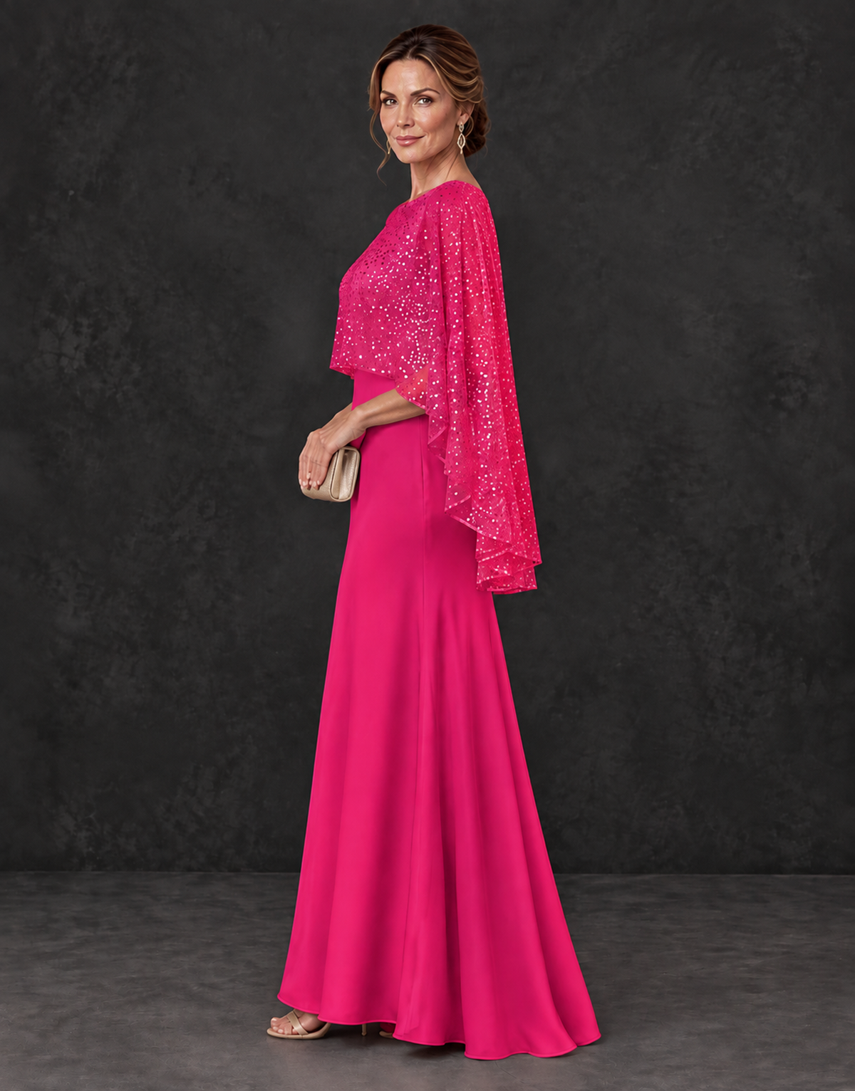 BOLODOO Hot Pink Sparkle Cape Sleeve Mother of the Bride Dress - Hot Pink - Hot_Pink_3