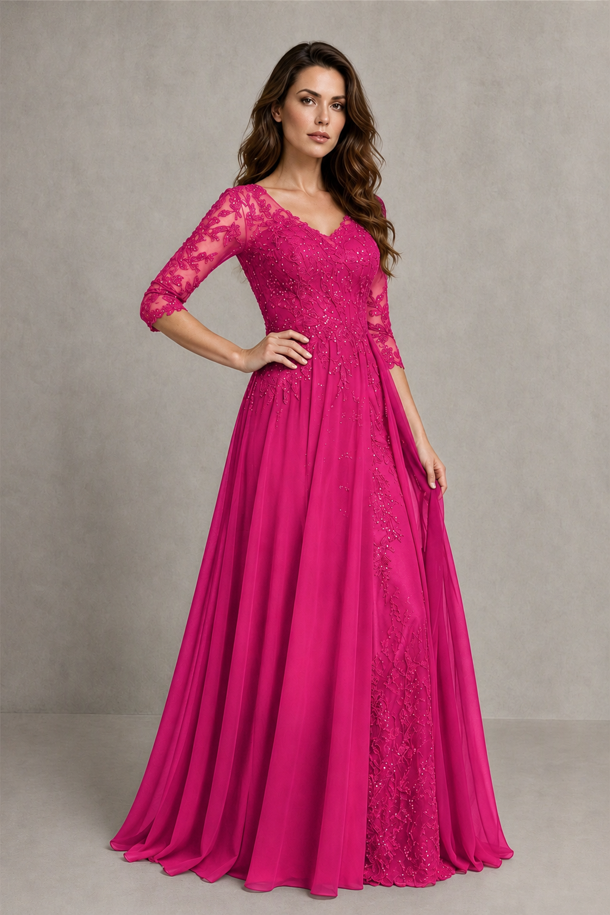 BOLODOO Midnight Hot Pink Beaded Lace Appliqué Chiffon A-Line Gown | Mother of the Bride & Formal Evening Dress - Hot Pink - Hot Pink_3