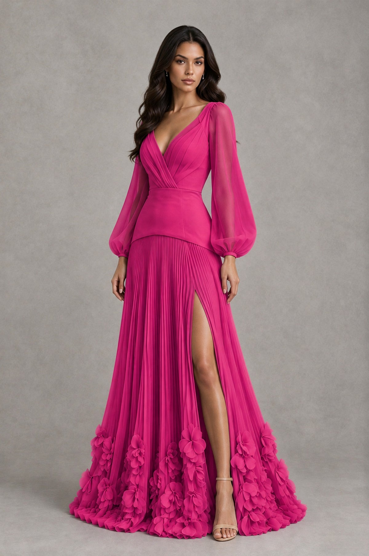 BOLODOO Hot Pink V-Neck Long Sleeve Pleated Floral Hem Evening Dress - Hot Pink - Hot Pink_3