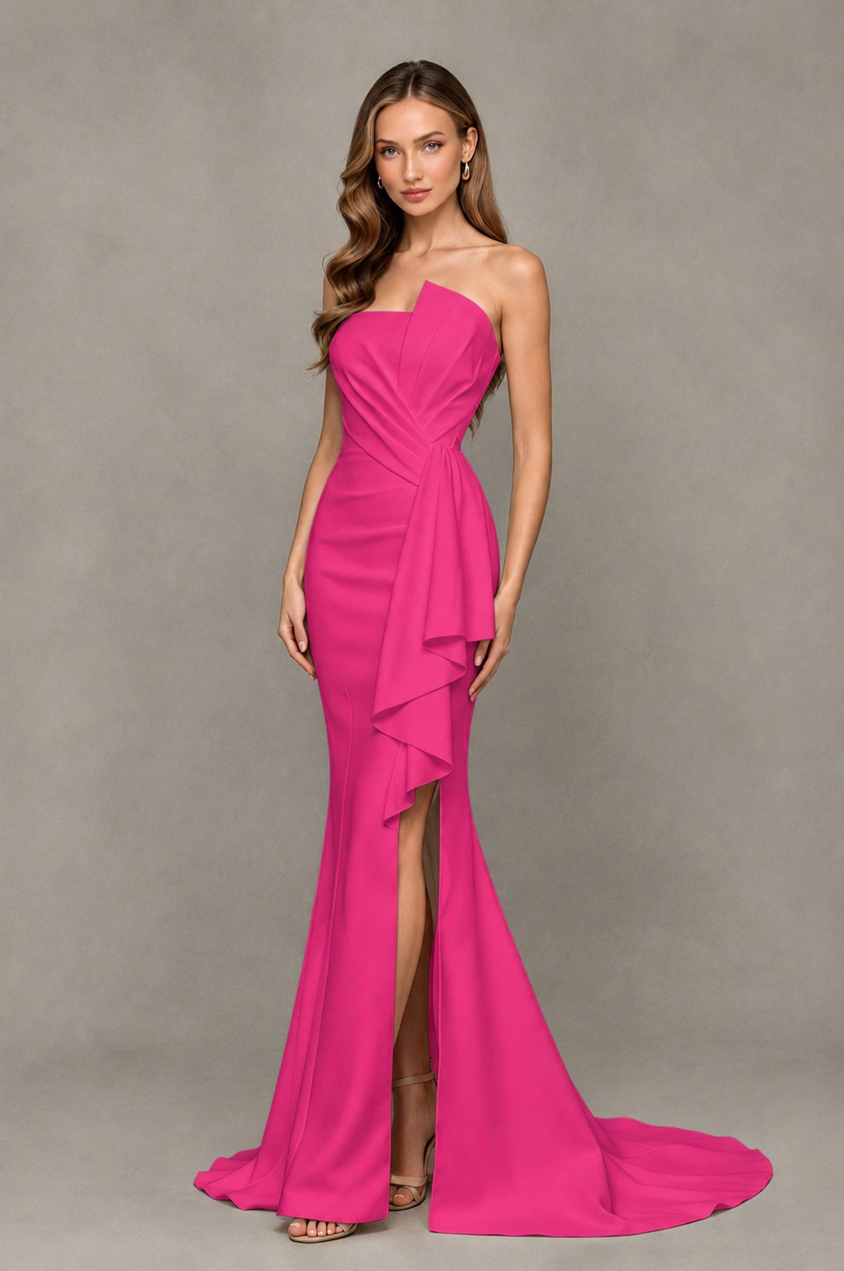 BOLODOO Hot Pink Strapless Mermaid Evening Dress with Ruffle Slit and Train - Hot Pink - Hot Pink_3