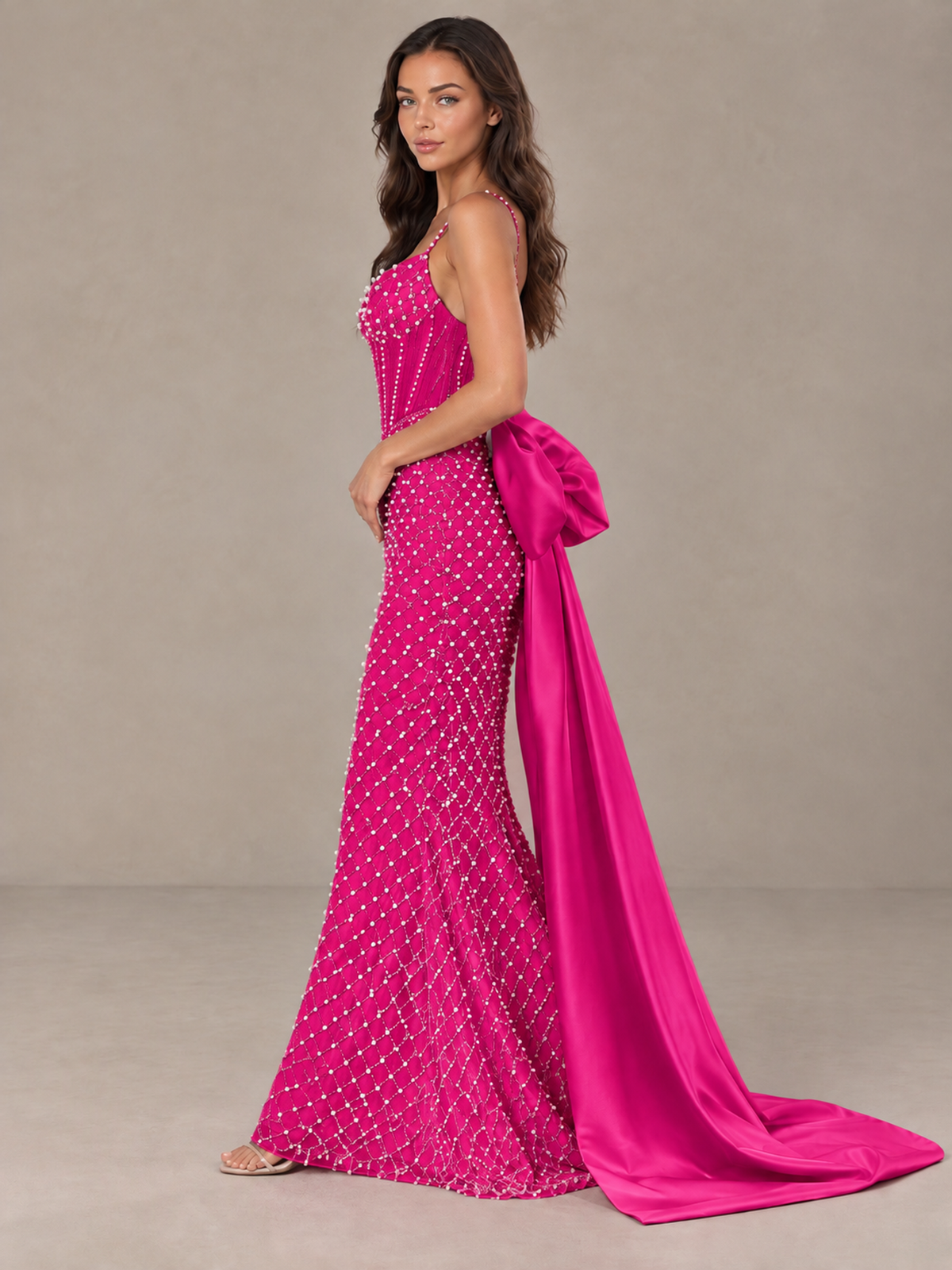 BOLODOO Hot Pink Beaded Corset Prom Dress with Bow Train - Hot Pink - Hot_Pink_3