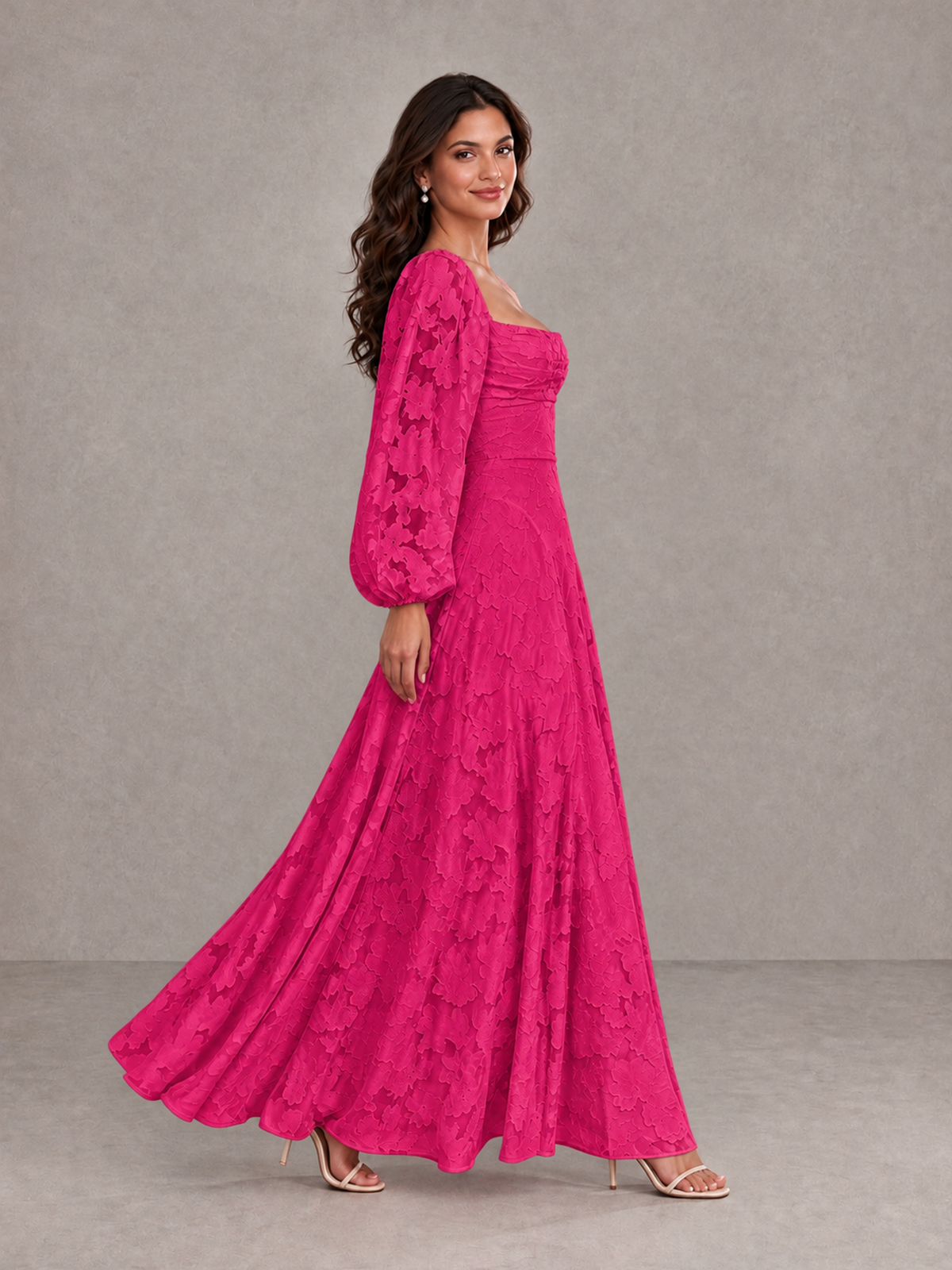 BOLODOO Hot Pink Floral Long Sleeve A-Line Bridesmaid Dress - Hot Pink - Hot Pink_3