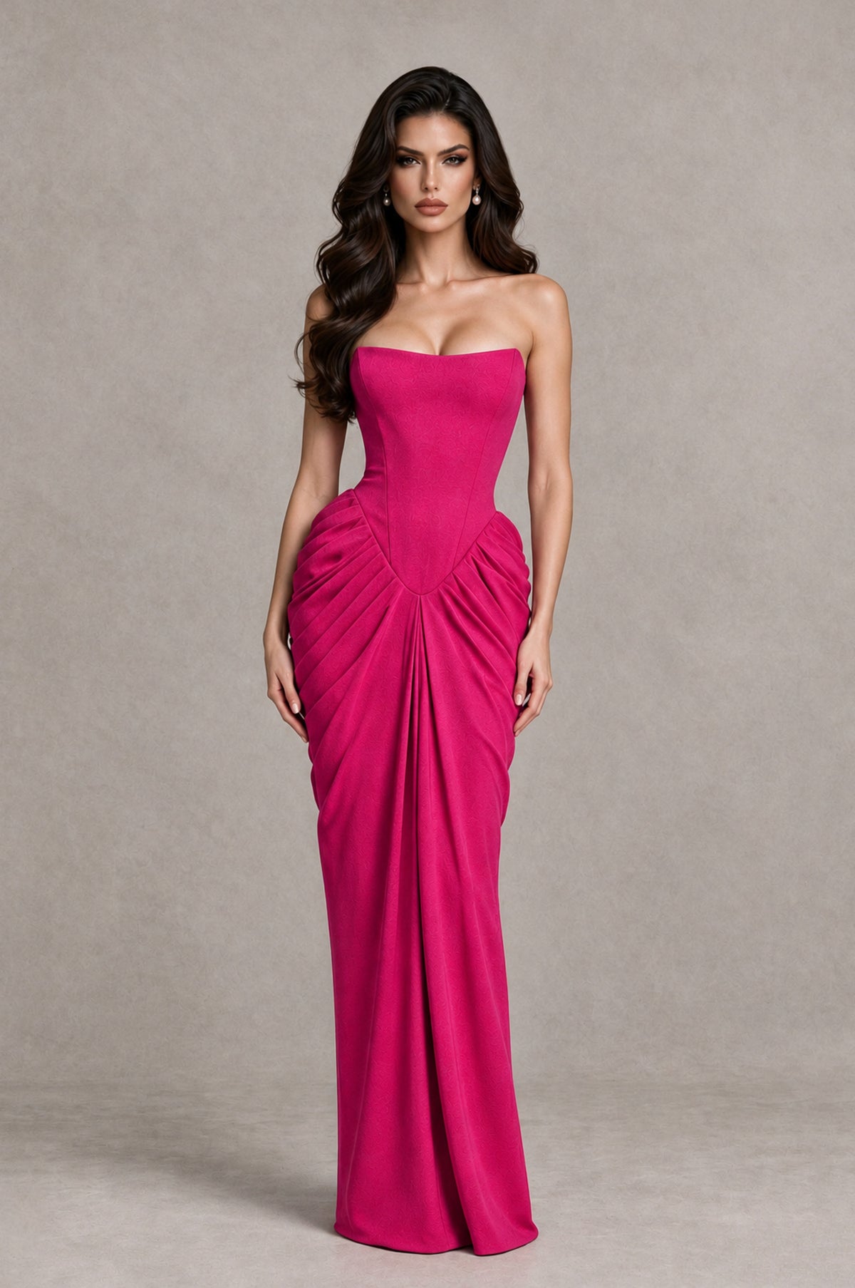 BOLODOO Hot Pink Strapless Ruched Corset Evening Gown - Hot Pink - Hot Pink_3