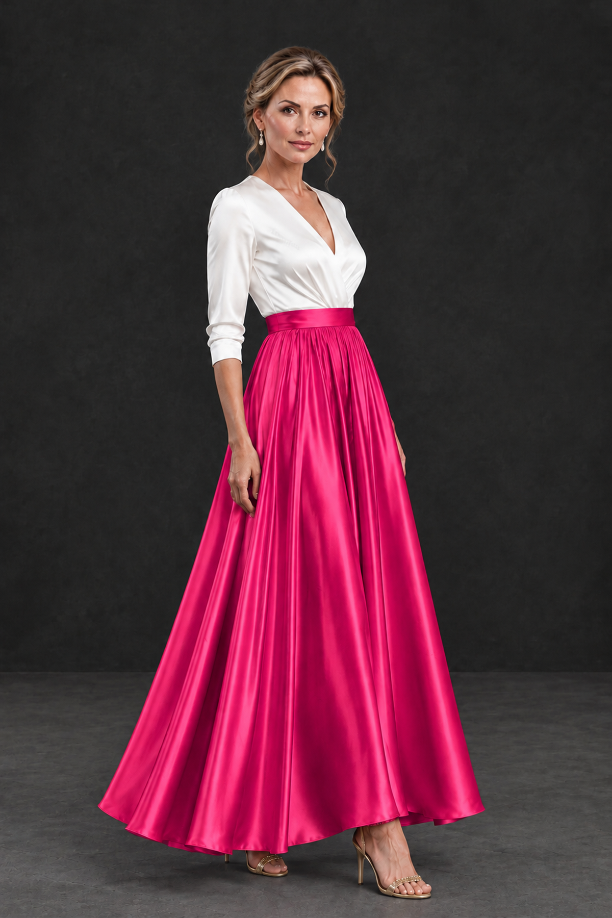 BOLODOO Hot Pink and White V-Neck A-Line Mother of the Bride Dress - Hot Pink - Hot Pink_3