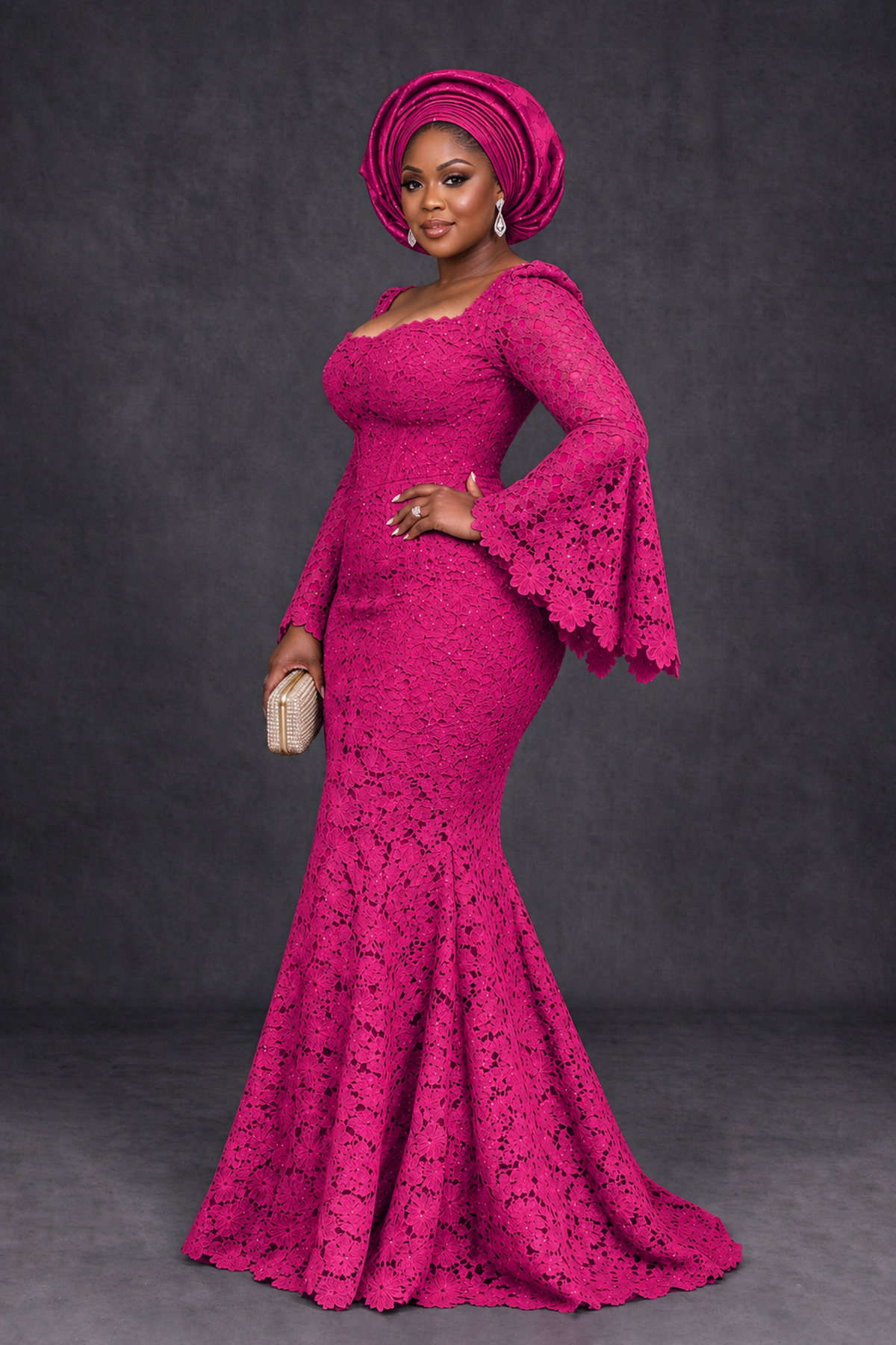 BOLODOO Hot Pink African Lace Mermaid Dress, Plus Size Nigerian Wedding Guest Gown with Bell Sleeves - Hot Pink - Hot Pink_3