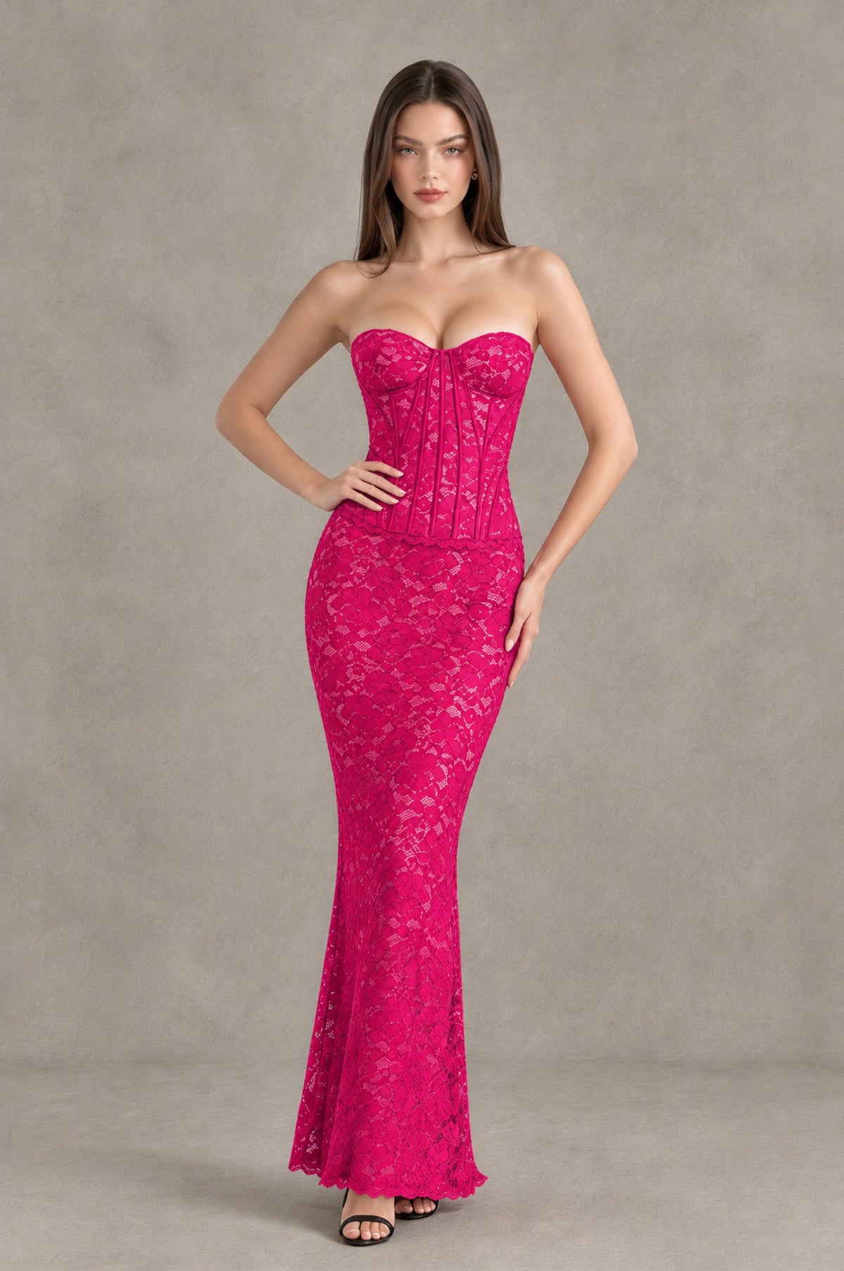 BOLODOO Hot Pink Strapless Lace Corset Wedding Guest Dress - Hot Pink - Hot Pink_3