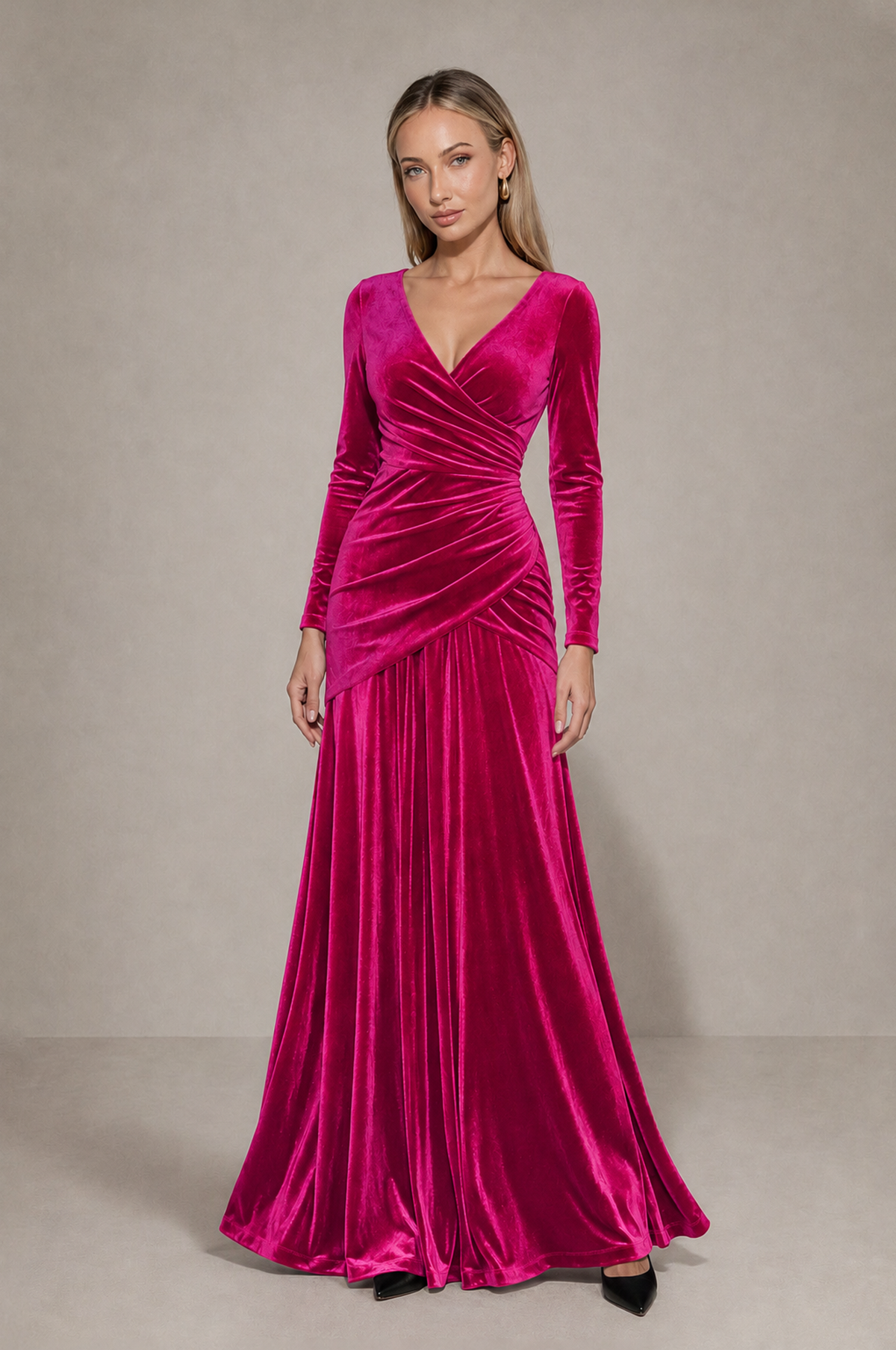 BOLODOO Hot Pink Velvet Long Sleeve V-Neck Ruched Evening Dress - Hot Pink - Hot_Pink_3