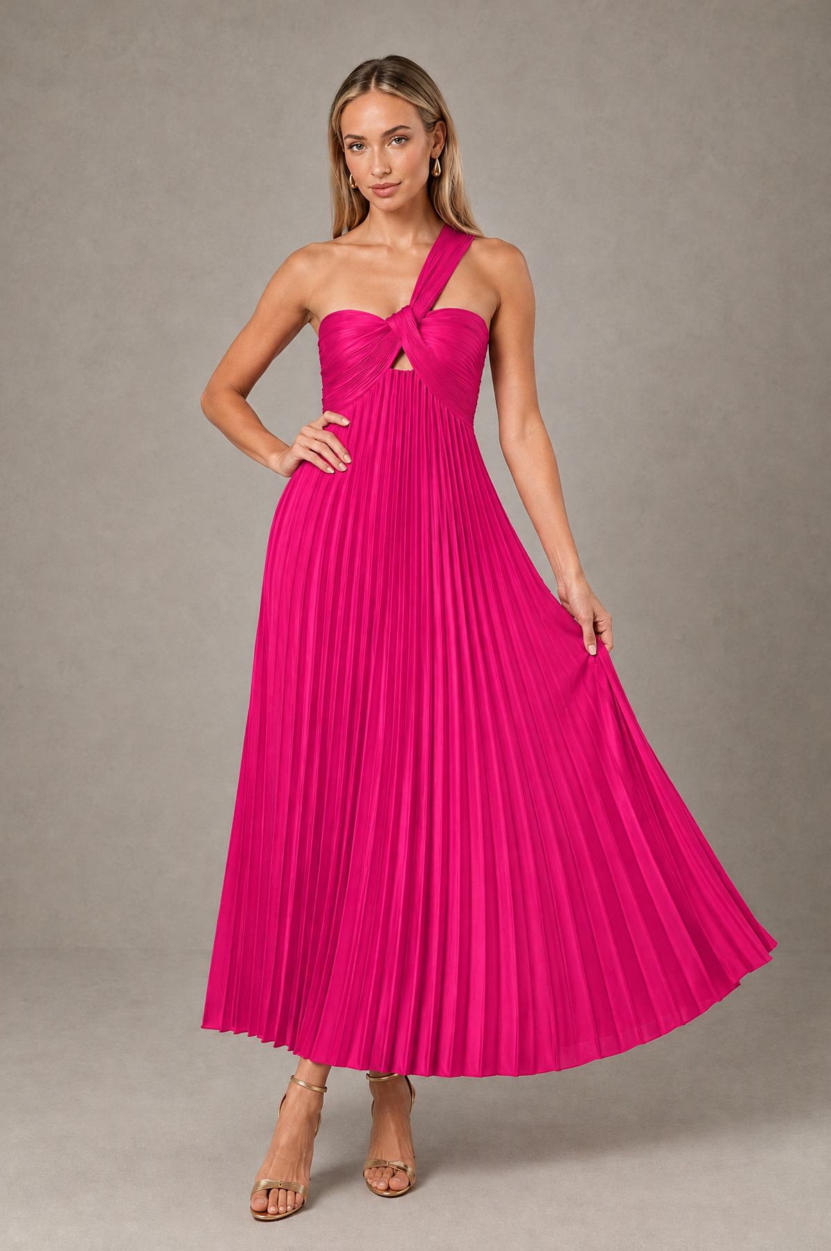 BOLODOO Hot Pink One-Shoulder Twist Knot Pleated Satin Midi Dress with Cutout - Hot Pink - Hot_Pink_4