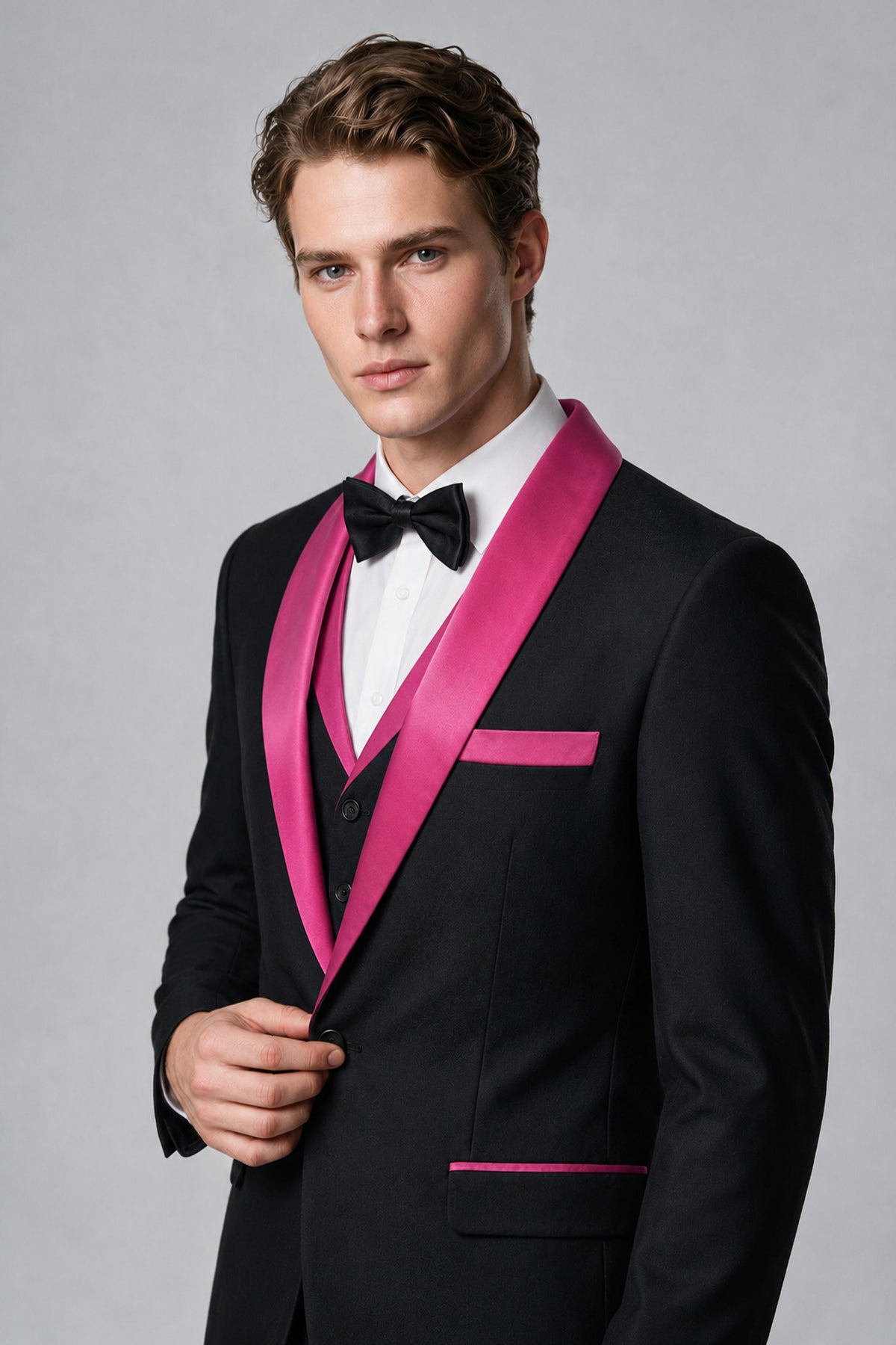 Bolodoo Men's Hot Pink 3-Piece Shawl Lapel Tuxedo Suit - Hot Pink - Hot Pink_4