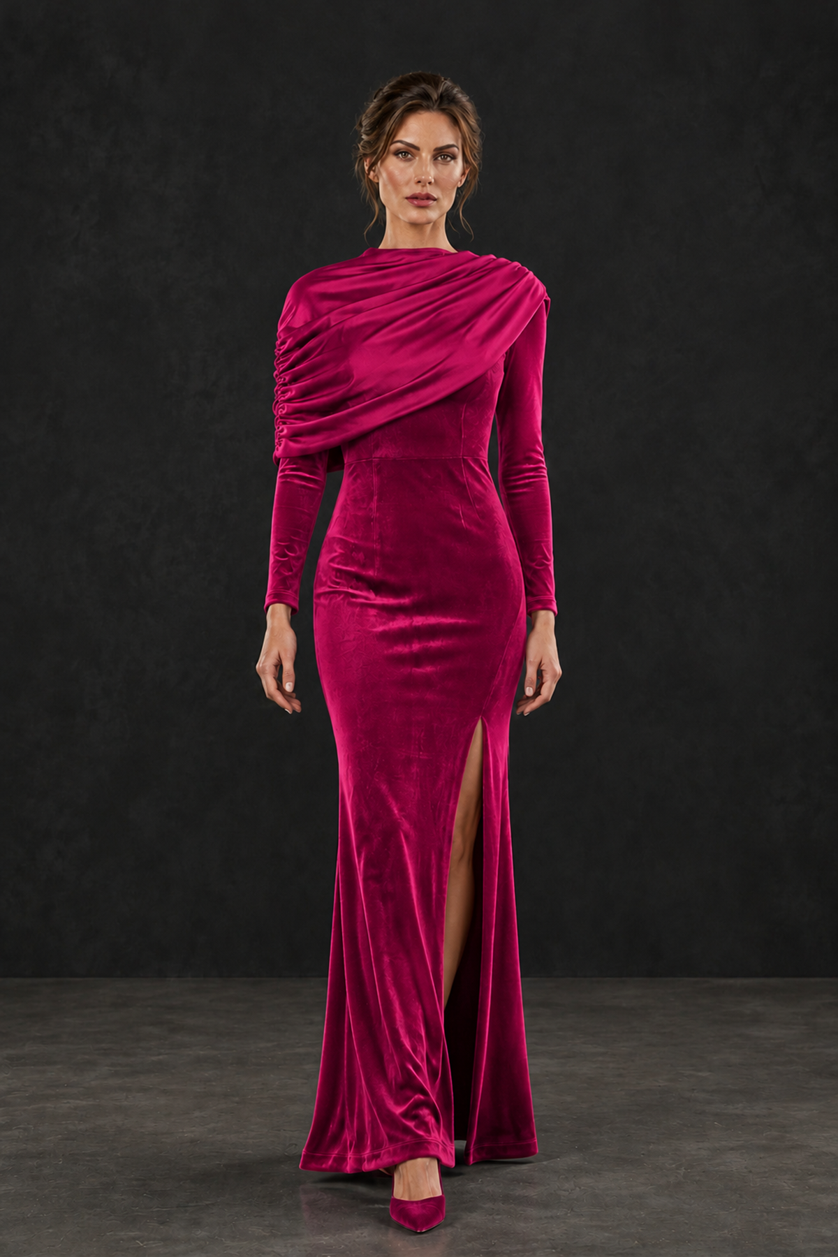 BOLODOO Hot Pink Velvet Long Sleeve Draped Mother of the Bride Dress - Hot Pink - Hot_Pink_4