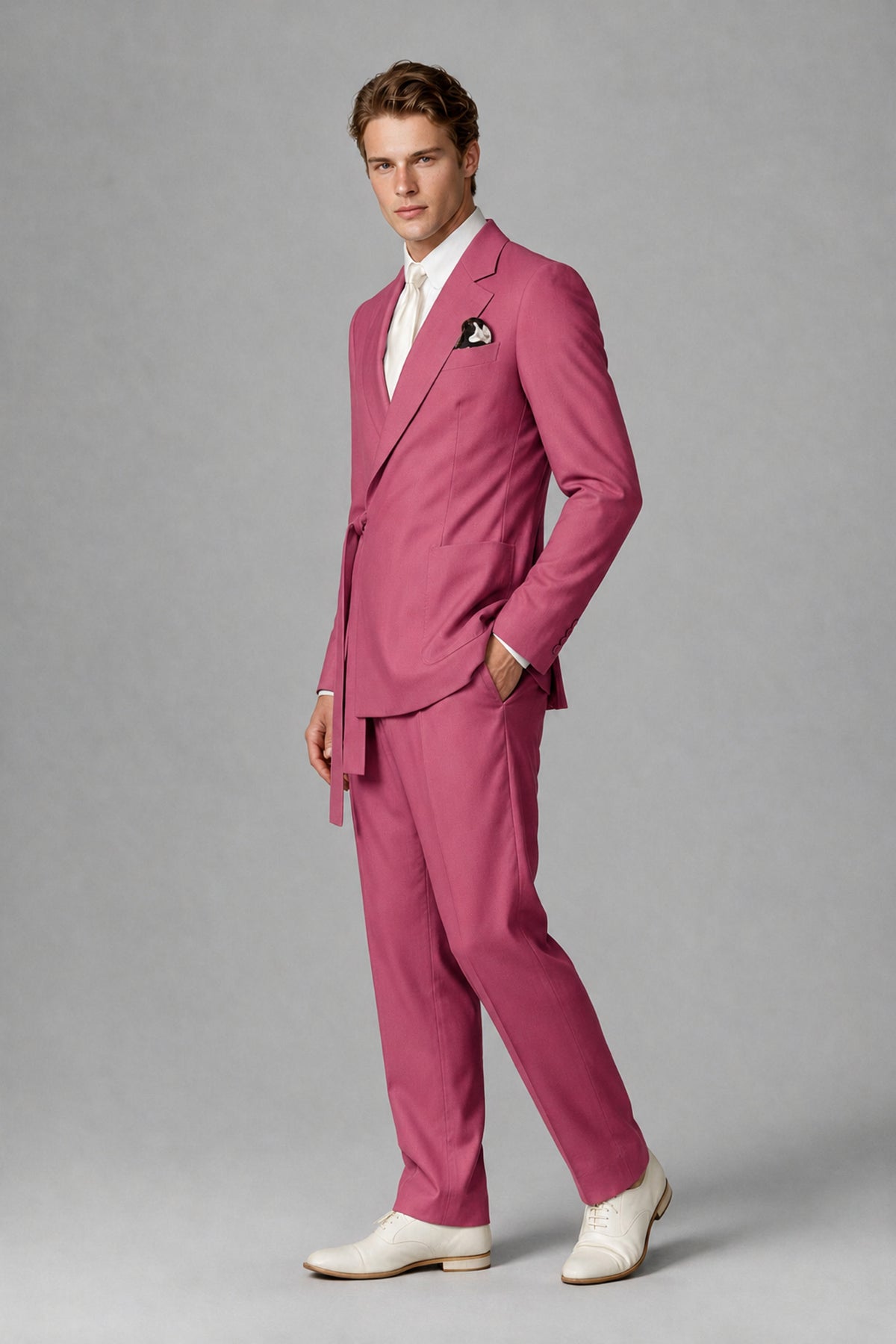 Bolodoo Men's Hot Pink Wrap Tie-Waist Two-Piece Suit – Jacket & Trousers - Hot Pink - Hot Pink_4