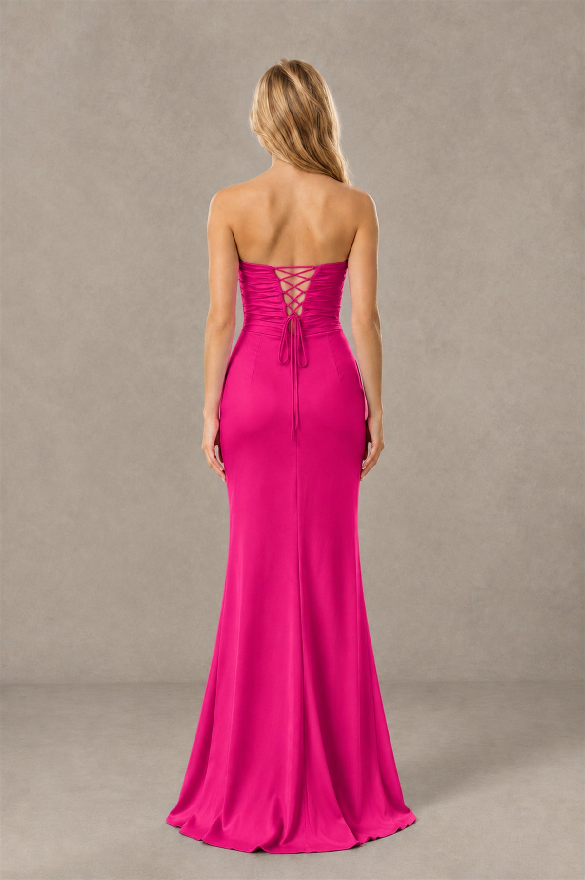 BOLODOO Hot Pink Sweetheart Strapless Twist Knot Cutout Lace-Up Back Satin Mermaid Maxi Dress - Hot Pink - Hot Pink(4)