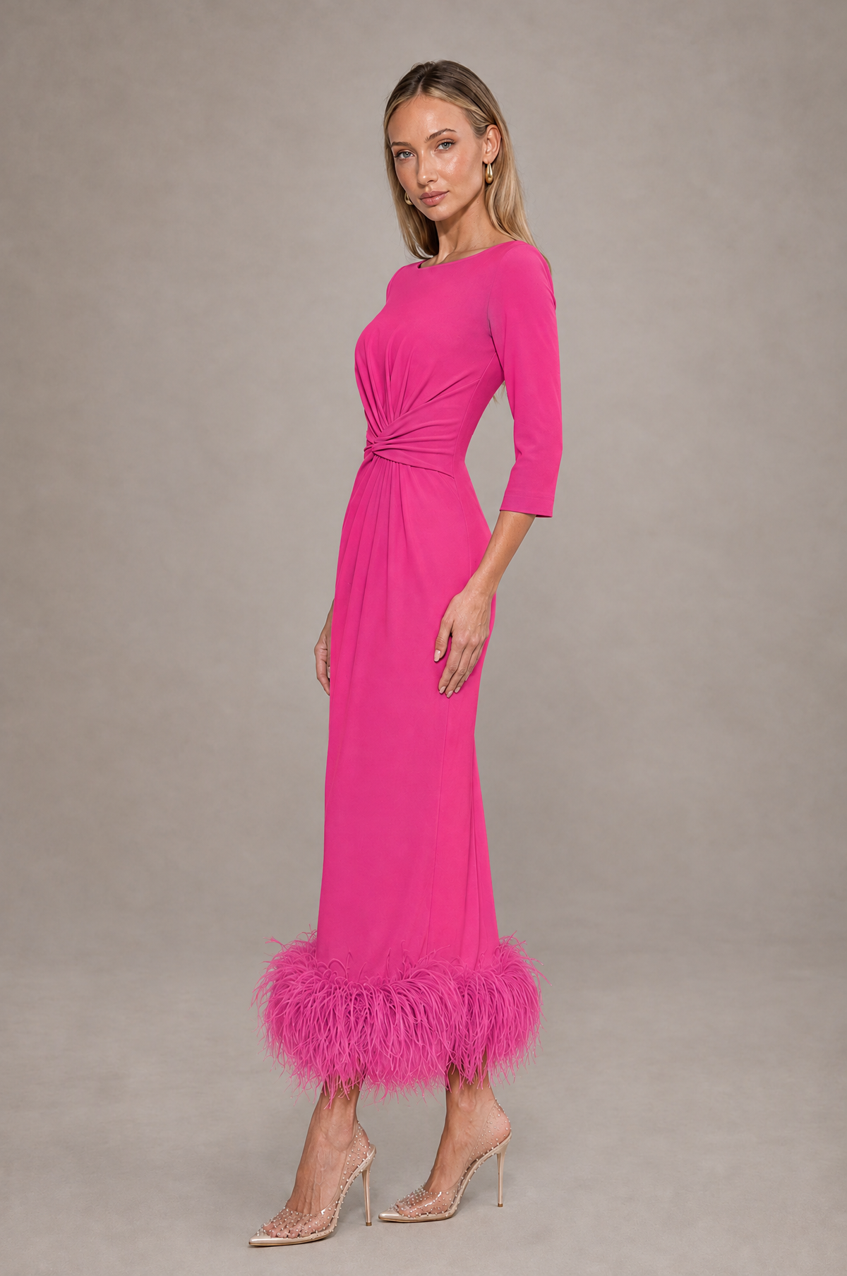 BOLODOO Hot Pink Feather-Trim Twist-Waist Midi Dress - Hot Pink - Hot_Pink_4