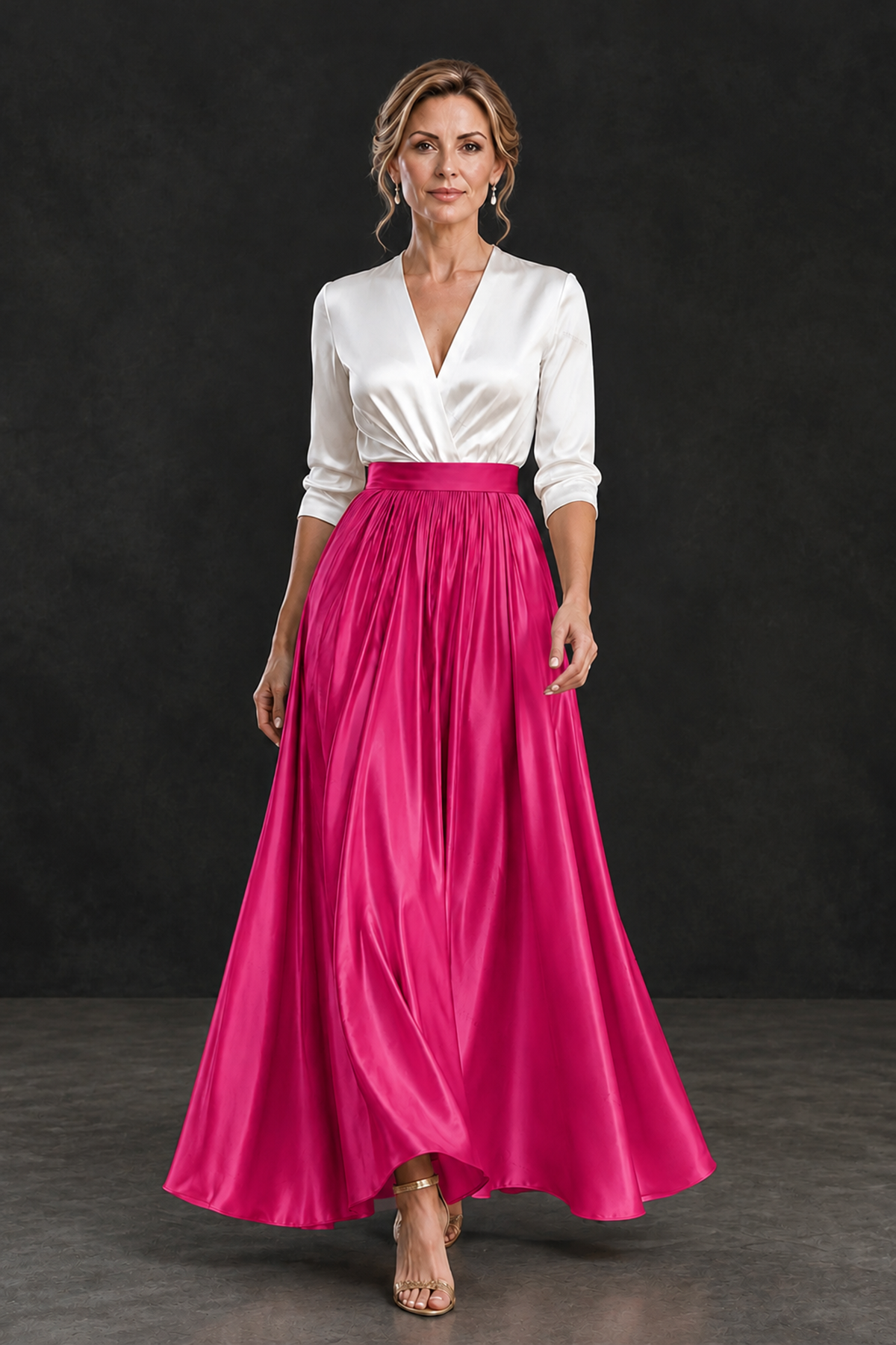 BOLODOO Hot Pink and White V-Neck A-Line Mother of the Bride Dress - Hot Pink - Hot Pink_4