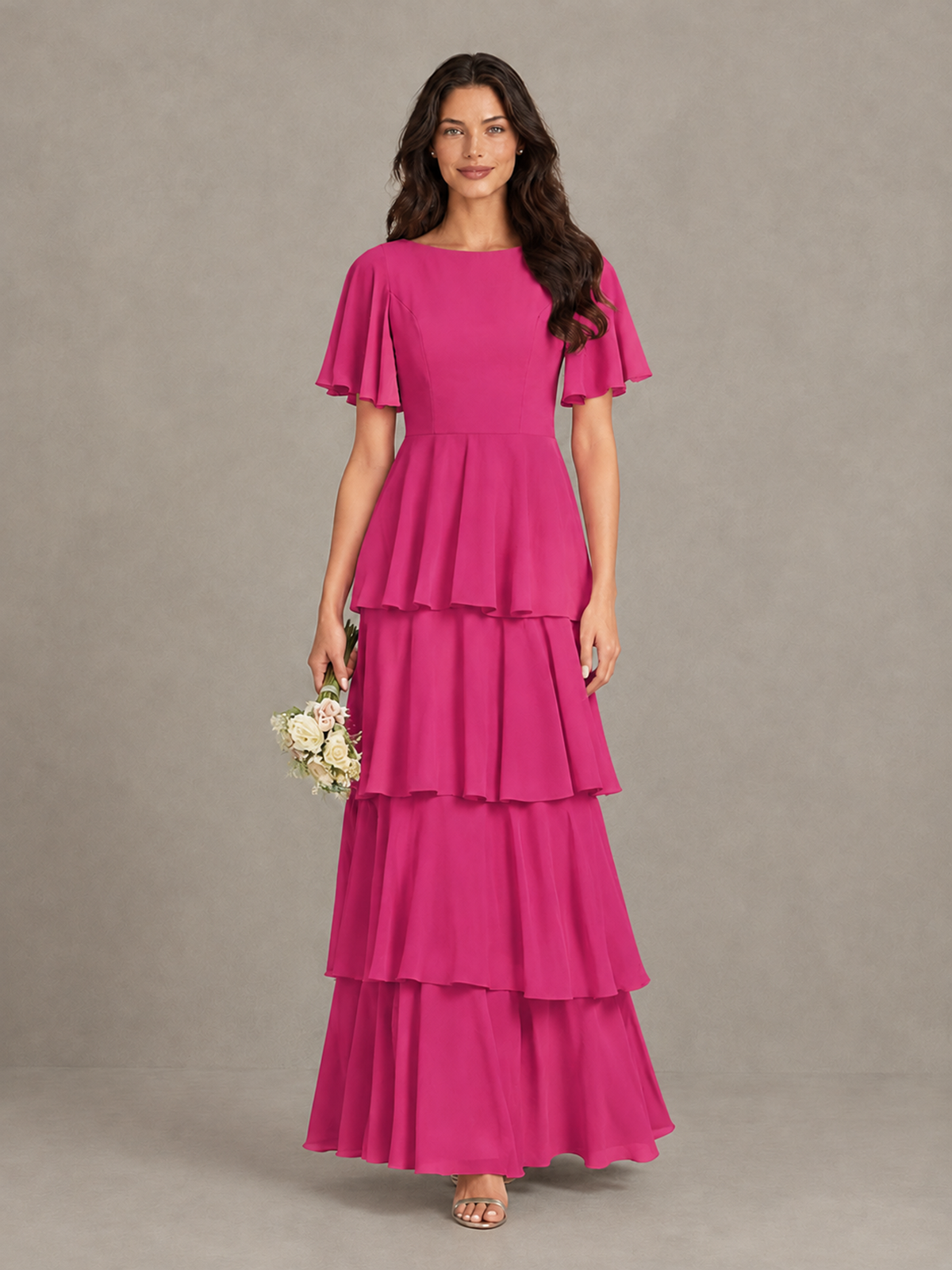 BOLODOO Hot Pink Tiered Flutter Sleeve Bridesmaid Dress - Hot Pink - Hot Pink_4