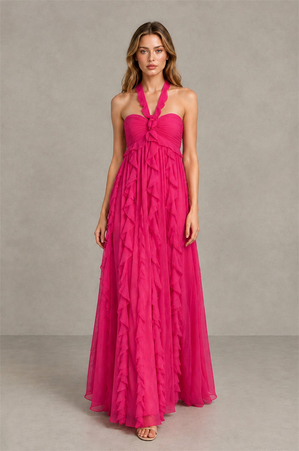 BOLODOO Hot Pink Halter Ruffle A-Line Floor-Length Evening Dress - Hot Pink - Hot_Pink_4