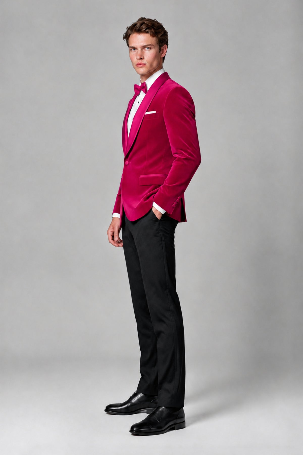 BOLODOO Men's Hot Pink Velvet Blazer | Shawl Lapel Tuxedo Jacket - Hot Pink - Hot Pink_4