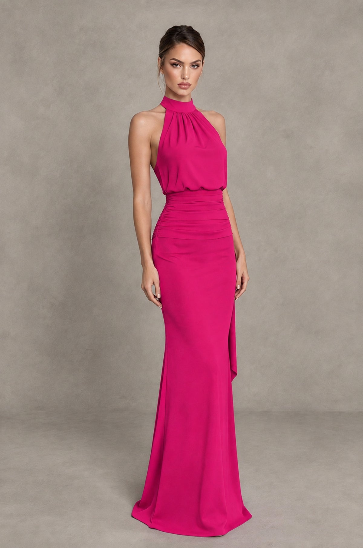 BOLODOO Hot Pink Chiffon Halter Maxi Formal Wedding Guest Dress - Hot Pink - Hot Pink_4