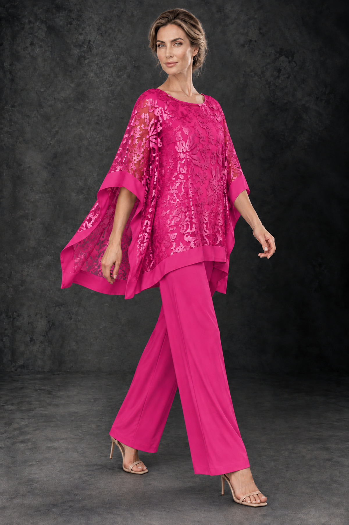 BOLODOO Hot Pink Floral Cape Mother of the Bride Pant Suit - Hot Pink - Hot_Pink_4