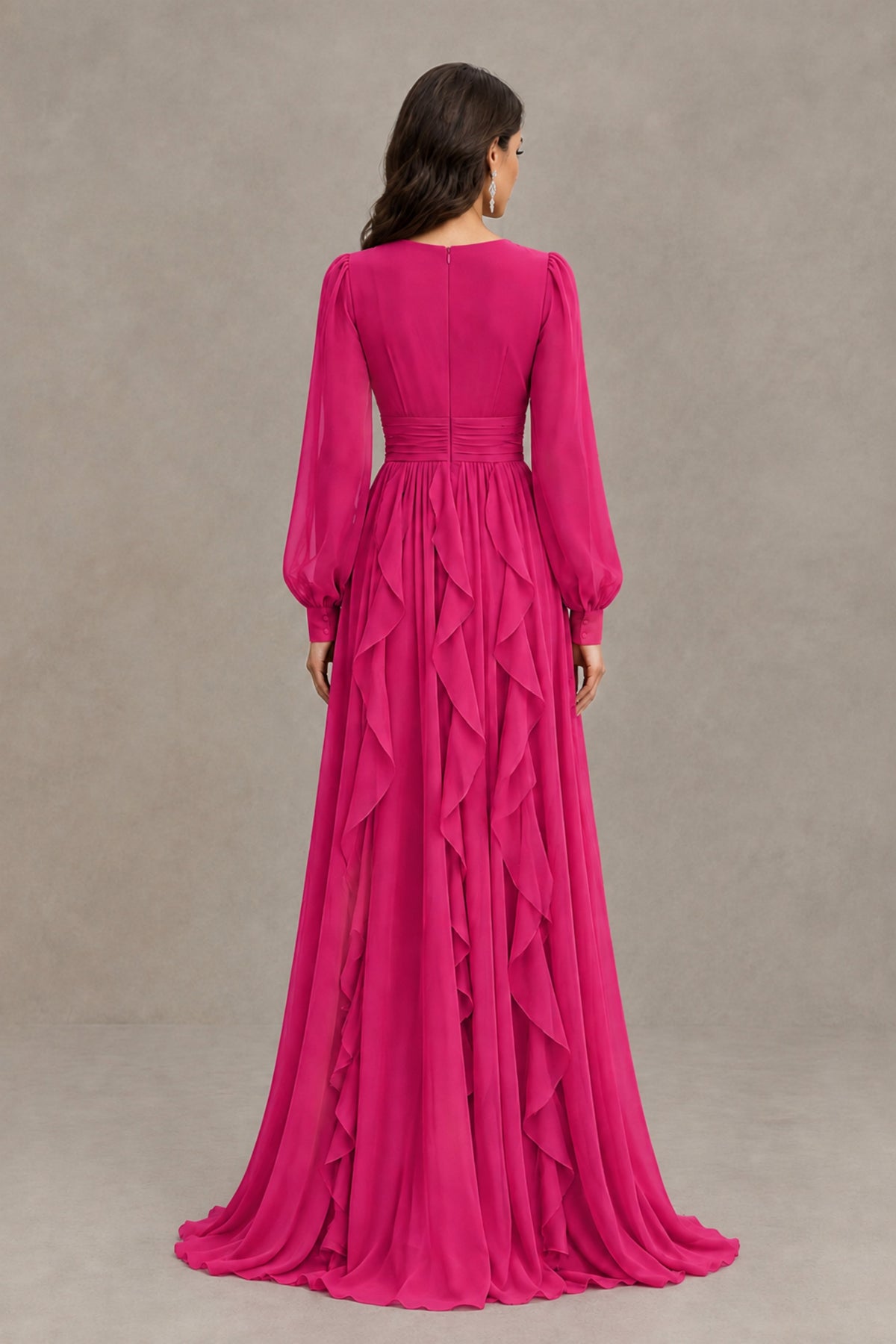 BOLODOO Hot Pink Long Sleeve V-Neck Ruffle Maxi Dress - Hot Pink