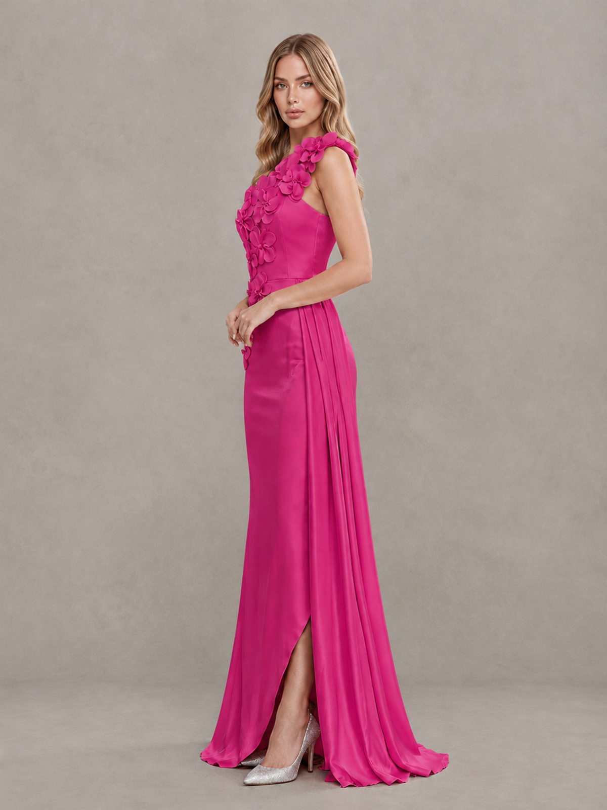 BOLODOO Hot Pink One-Shoulder Satin Mermaid Evening Gown with 3D Floral Appliqué - Hot Pink - Hot Pink_4