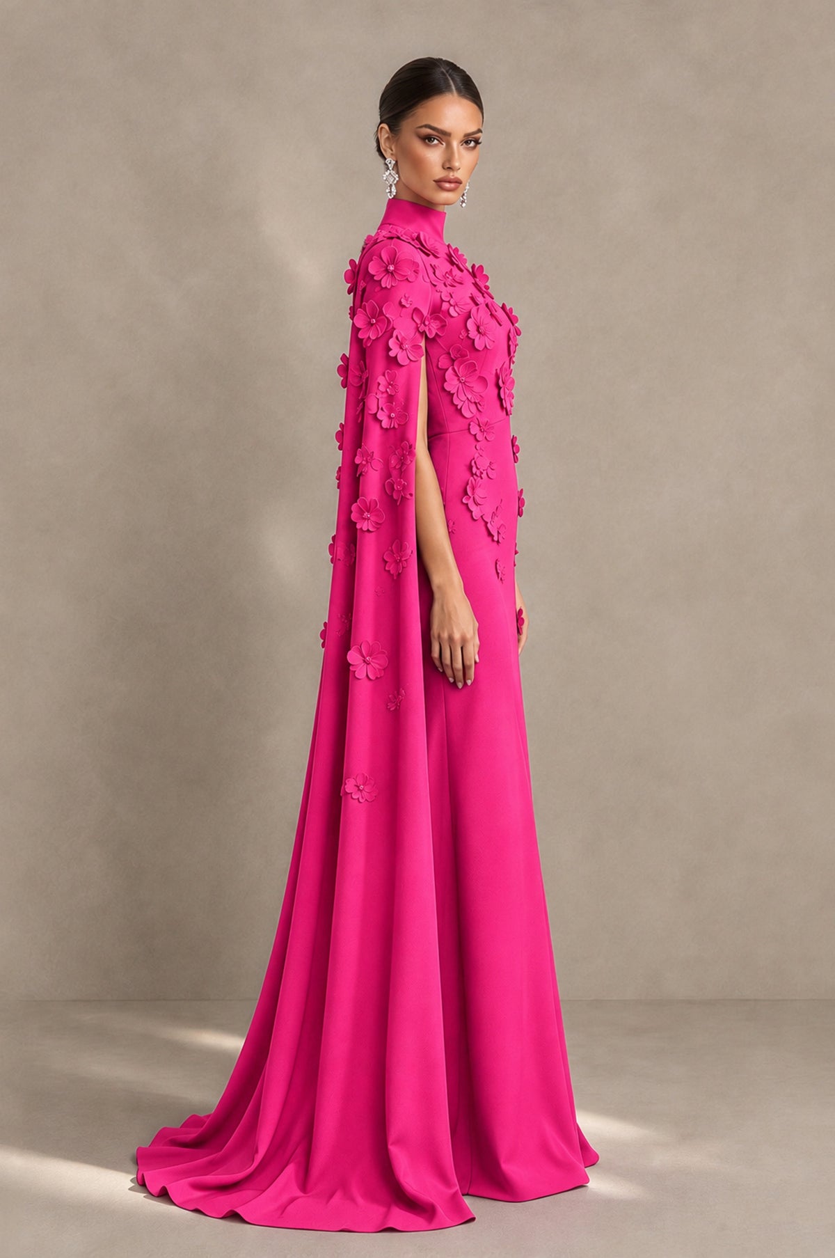 BOLODOO Hot Pink 3D Floral Applique Cape Formal Dress - Hot Pink - Hot Pink_4