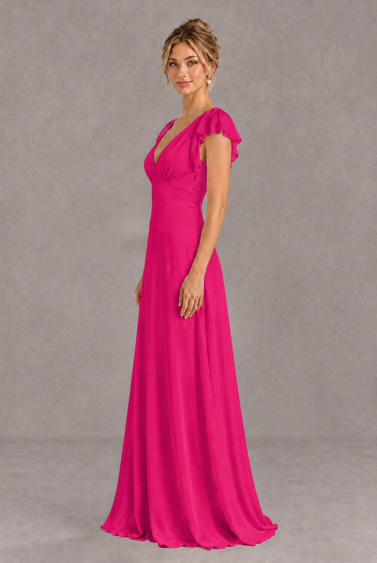 BOLODOO Hot Pink V-Neck Flutter Sleeve A-Line Bridesmaid Dress - Hot Pink - Hot Pink_4