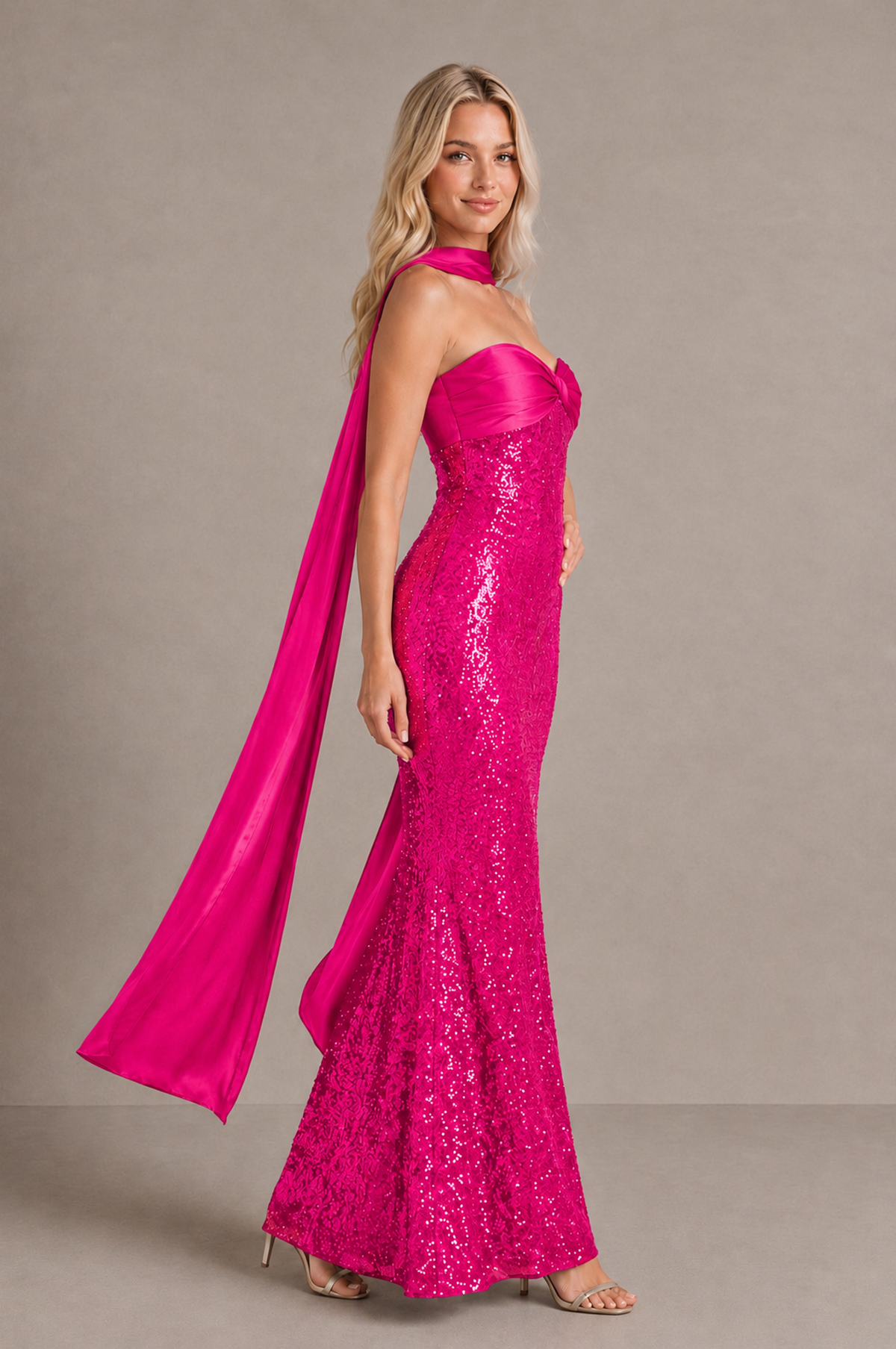 BOLODOO Hot Pink Strapless Sweetheart Evening Dress with Scarf - Hot Pink - Hot_Pink_4