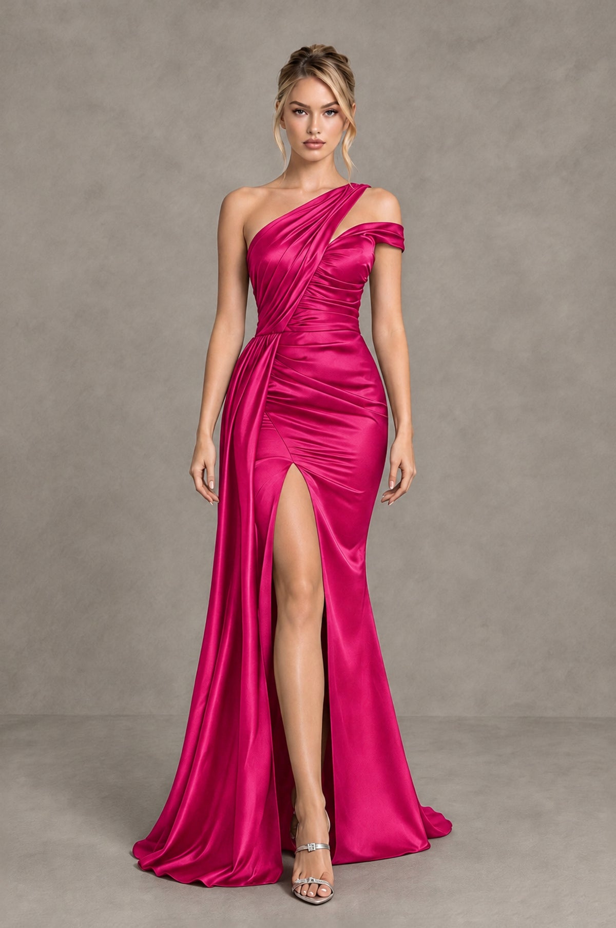 BOLODOO Hot Pink Asymmetric Ruched Formal Evening Dress - Hot Pink - Hot Pink_4