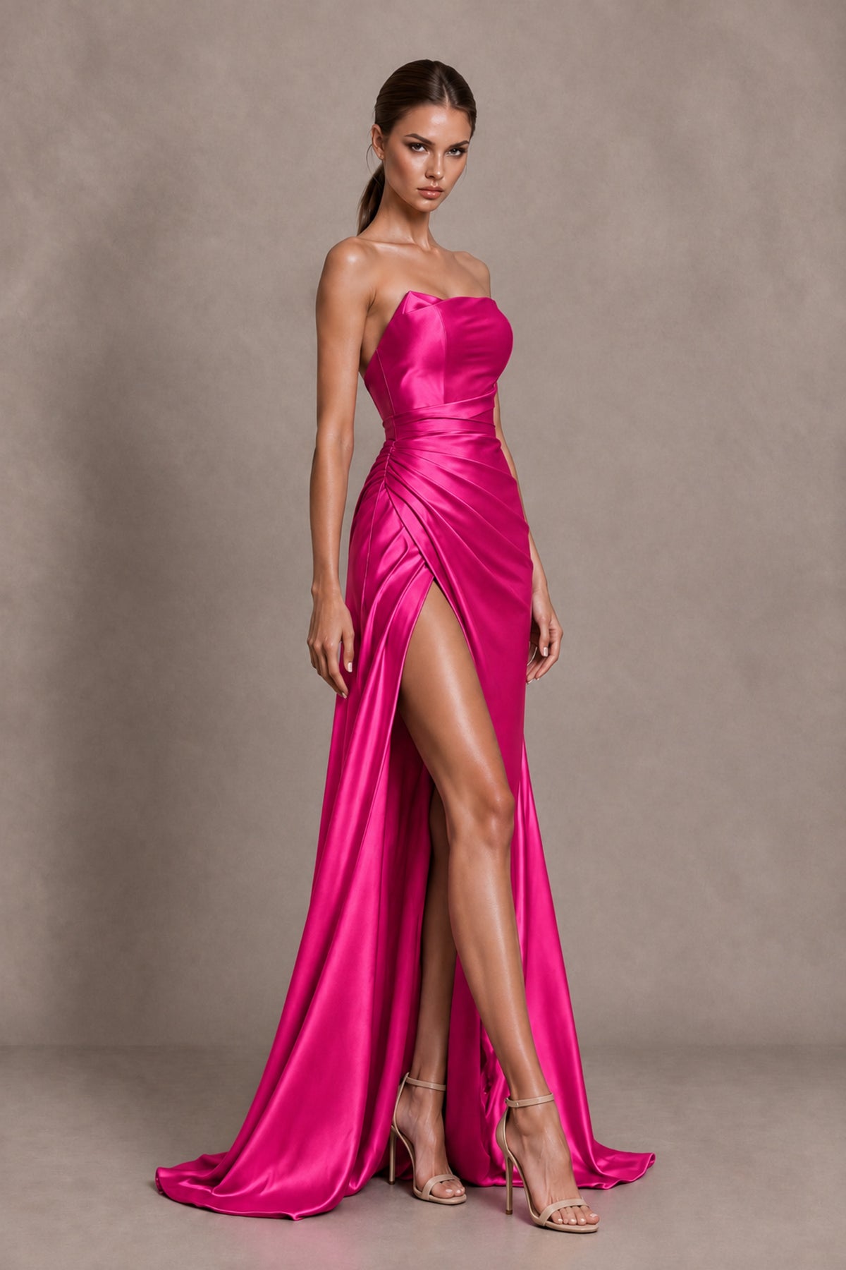 BOLODOO Hot Pink Strapless Ruched Satin-Look Evening Dress with High Slit - Hot Pink - Hot Pink_4