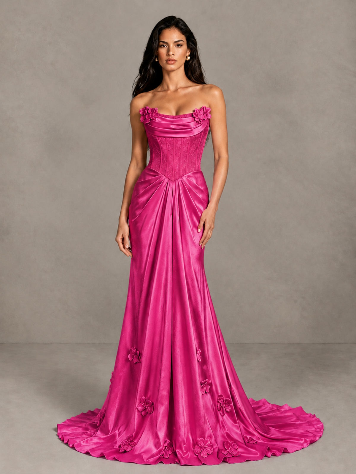 BOLODOO Hot Pink Strapless Floral Corset Evening Gown with Train - Hot Pink - Hot Pink_4