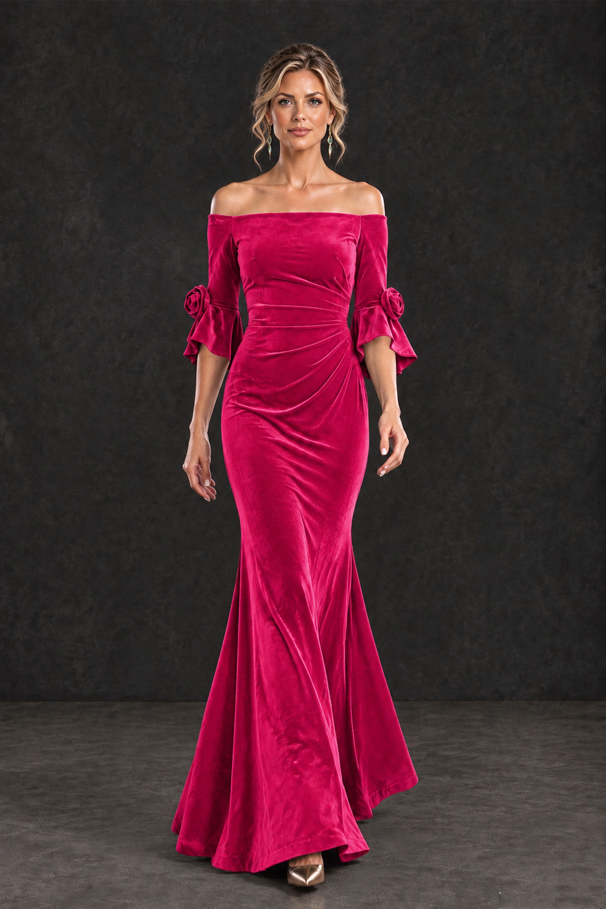 BOLODOO Hot Pink Velvet Off-Shoulder Mother of the Bride Dress – 3/4 Floral Cuff Sleeve Mermaid Evening Gown - Hot Pink - Hot Pink_4