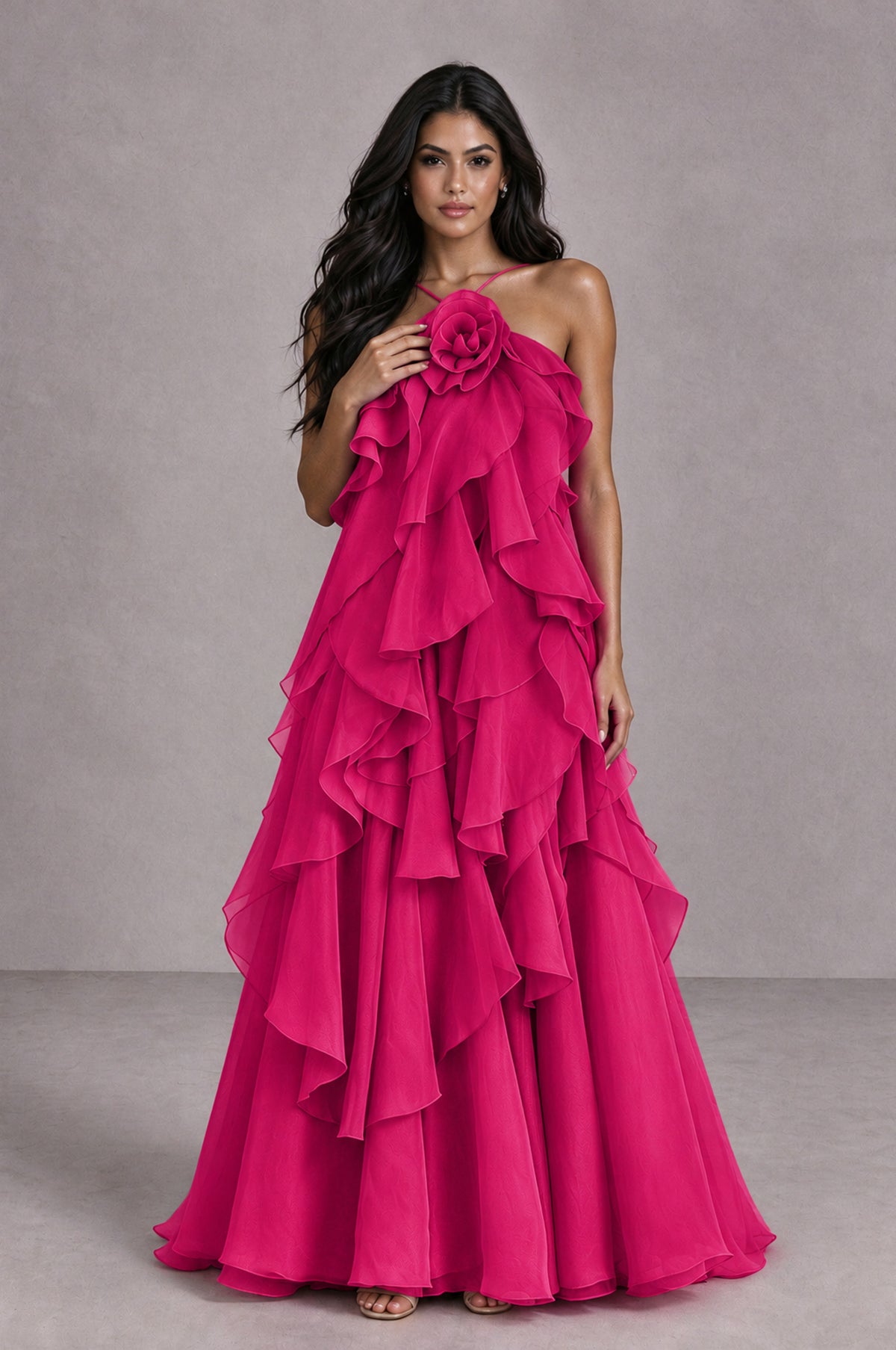 BOLODOO Hot Pink Cascading Ruffle Rosette Open-Back Maxi Dress - Hot Pink - Hot Pink_4
