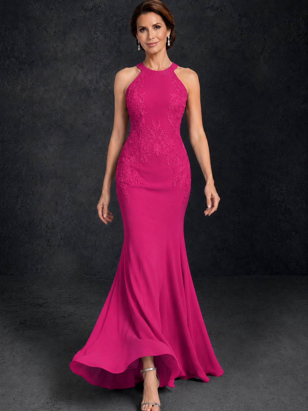 BOLODOO Hot Pink Lace Applique Halter Neck Sheer Back Mermaid Maxi Dress with Sweep Train - Hot Pink