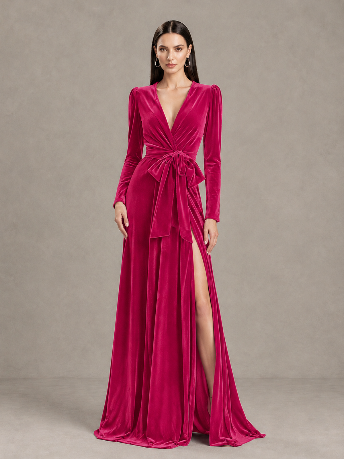 BOLODOO Hot Pink Long Sleeve Velvet-Look Evening Dress with High Slit - Hot Pink - Hot Pink_4