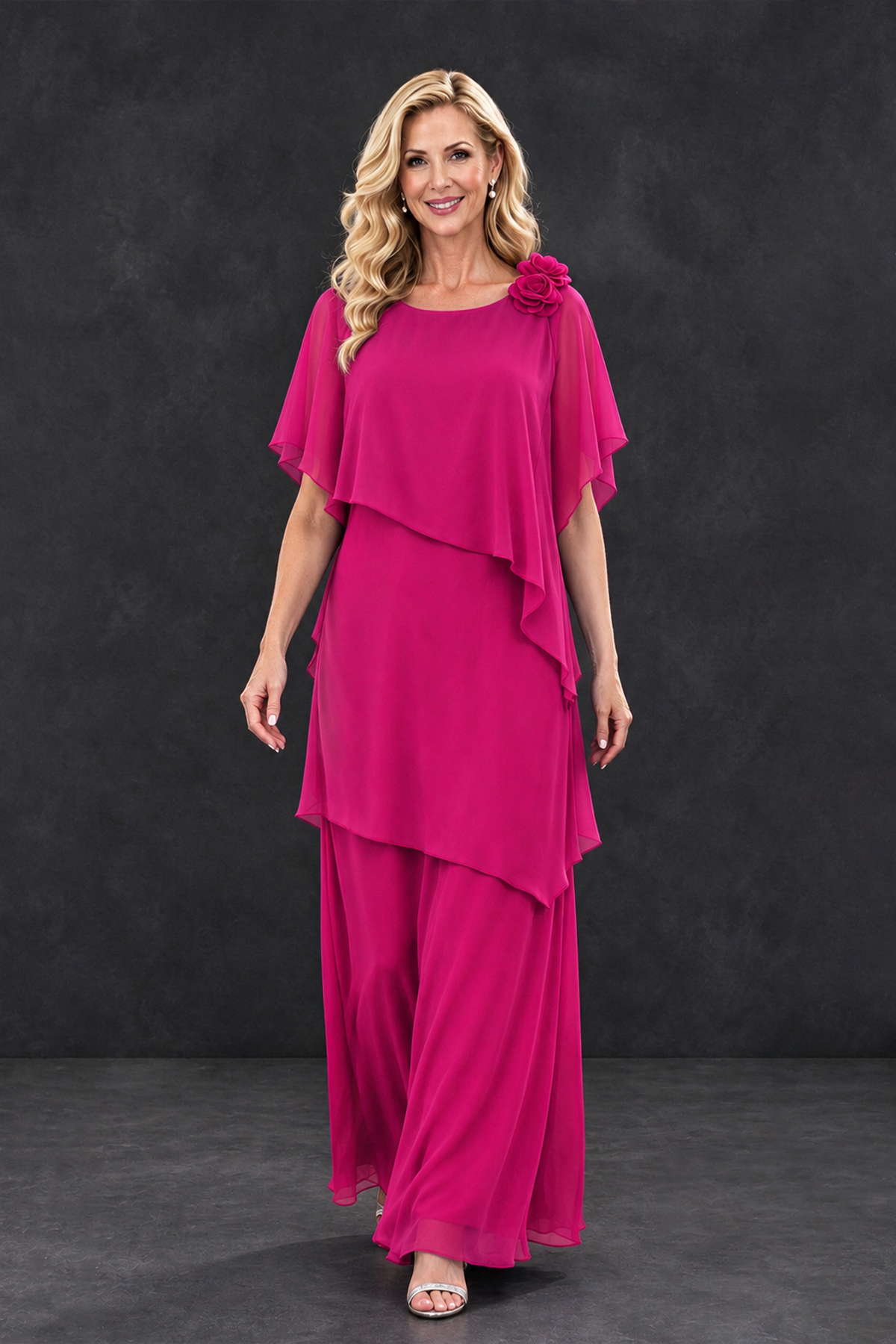 BOLODOO Hot Pink Tiered Flutter Sleeve Mother of the Bride Maxi Dress - Hot Pink - Hot Pink_4