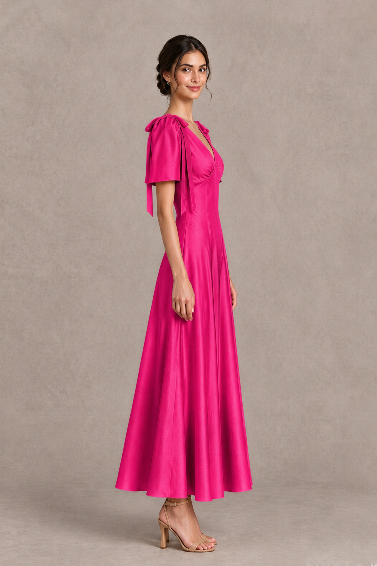 BOLODOO Hot Pink V-Neck Short Sleeve Satin-Look Bridesmaid Dress with Shoulder Bows - Hot Pink - Hot Pink_4