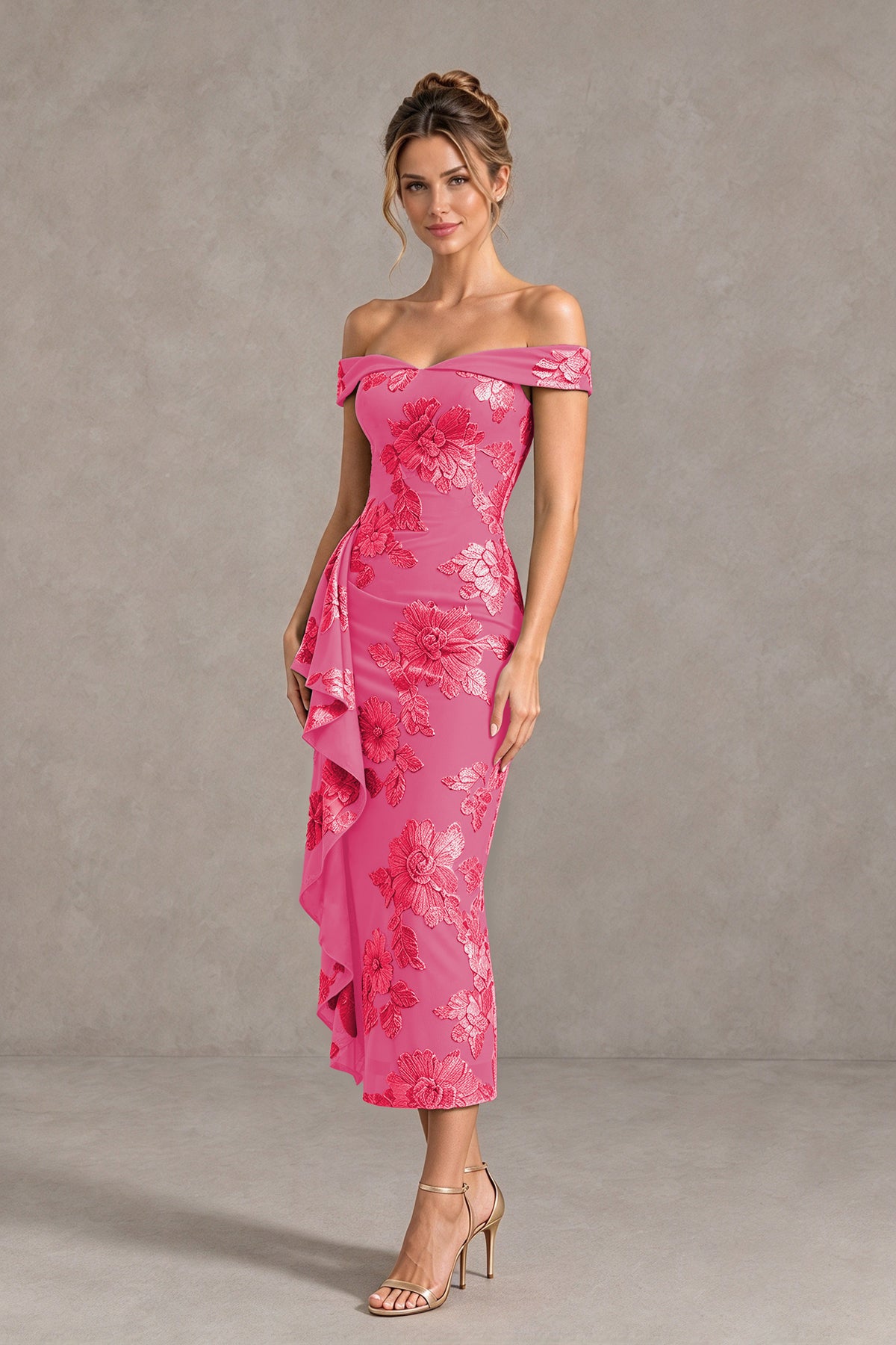 BOLODOO Hot Pink Off Shoulder Floral Jacquard Midi Dress - Hot Pink - Hot Pink(4)