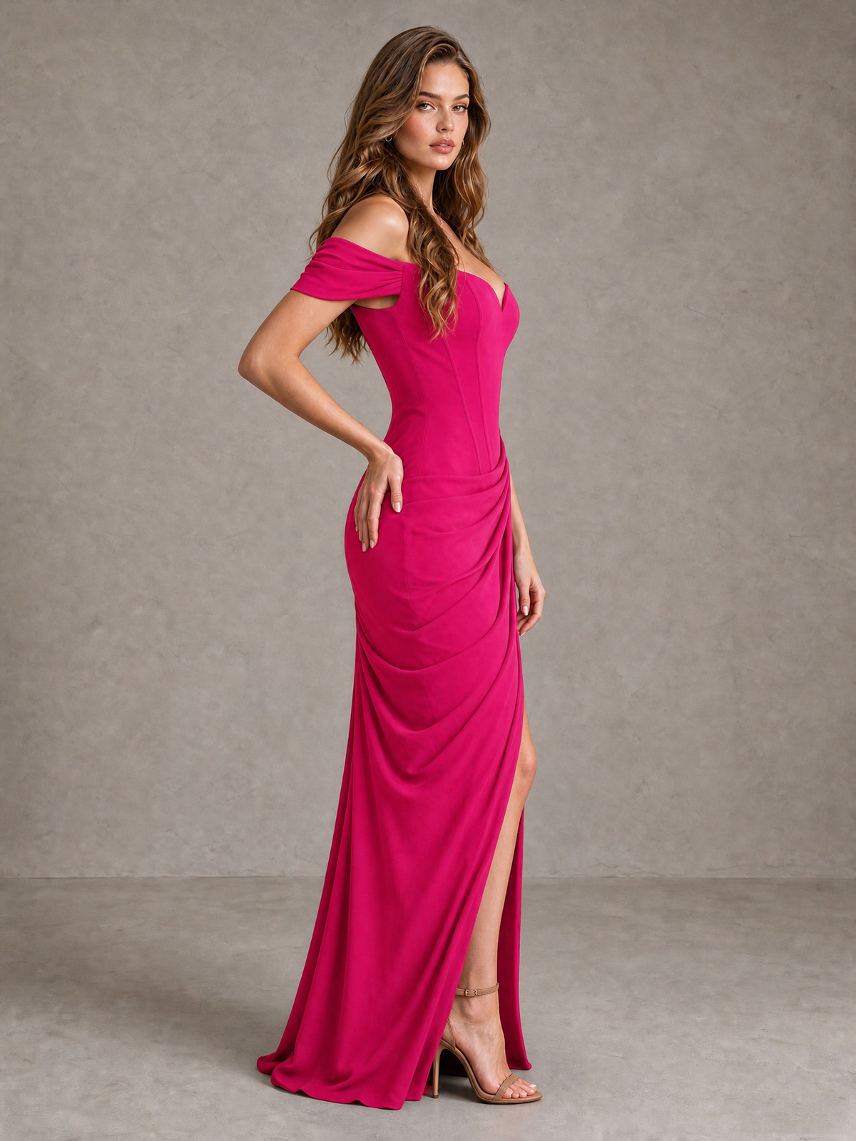 BOLODOO Hot Pink Off-Shoulder Ruched Corset Wedding Guest Dress with Slit - Hot Pink - Hot_Pink_4