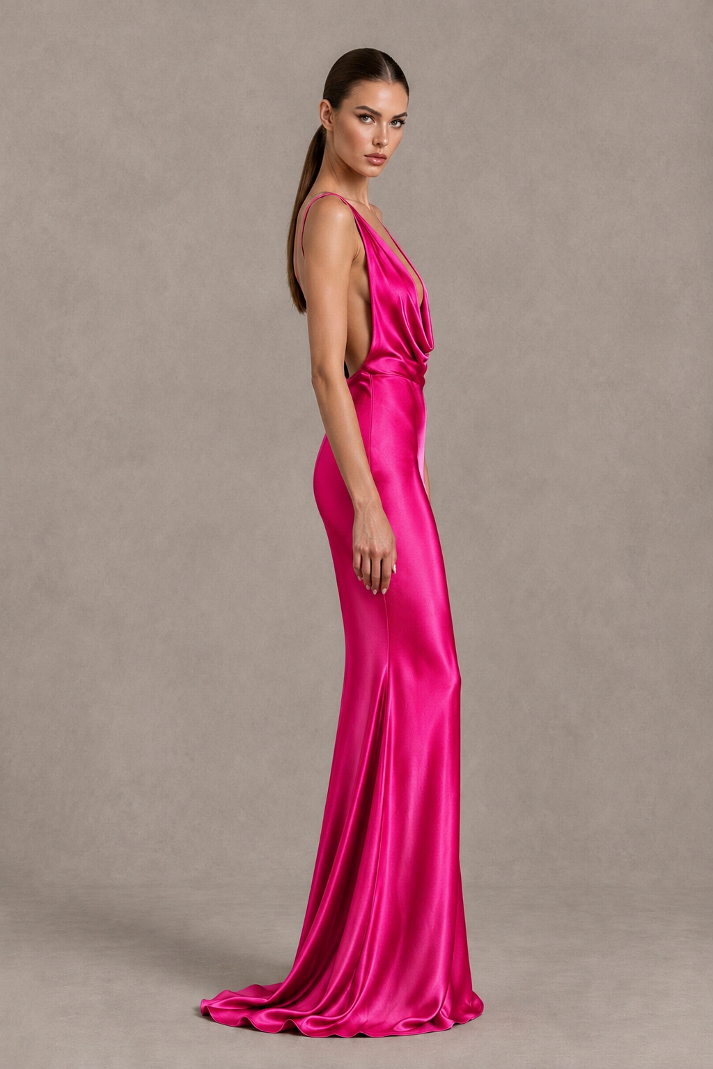 BOLODOO Hot Pink Cowl Neck Backless Satin Mermaid Evening Dress - Hot Pink - Hot Pink_4