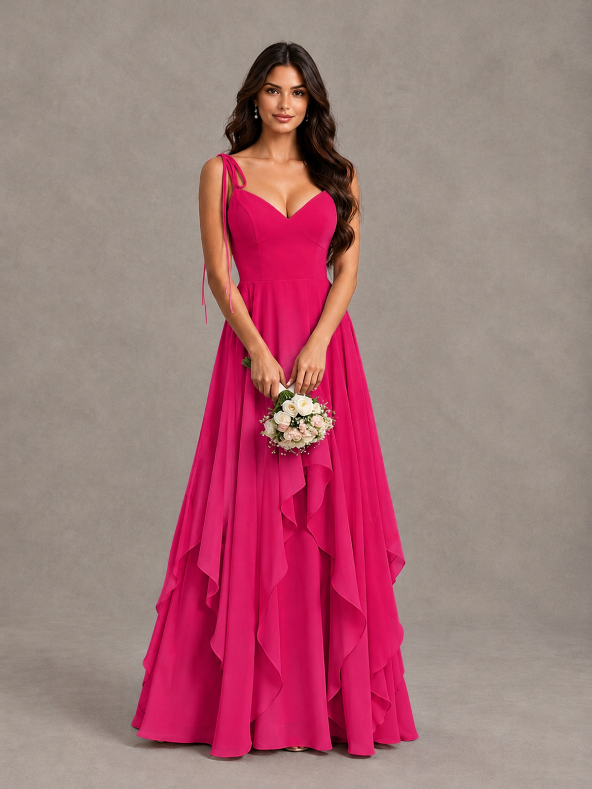 BOLODOO Hot Pink Tie-Strap Ruffle A-Line Bridesmaid Dress - Hot Pink - Hot Pink_4