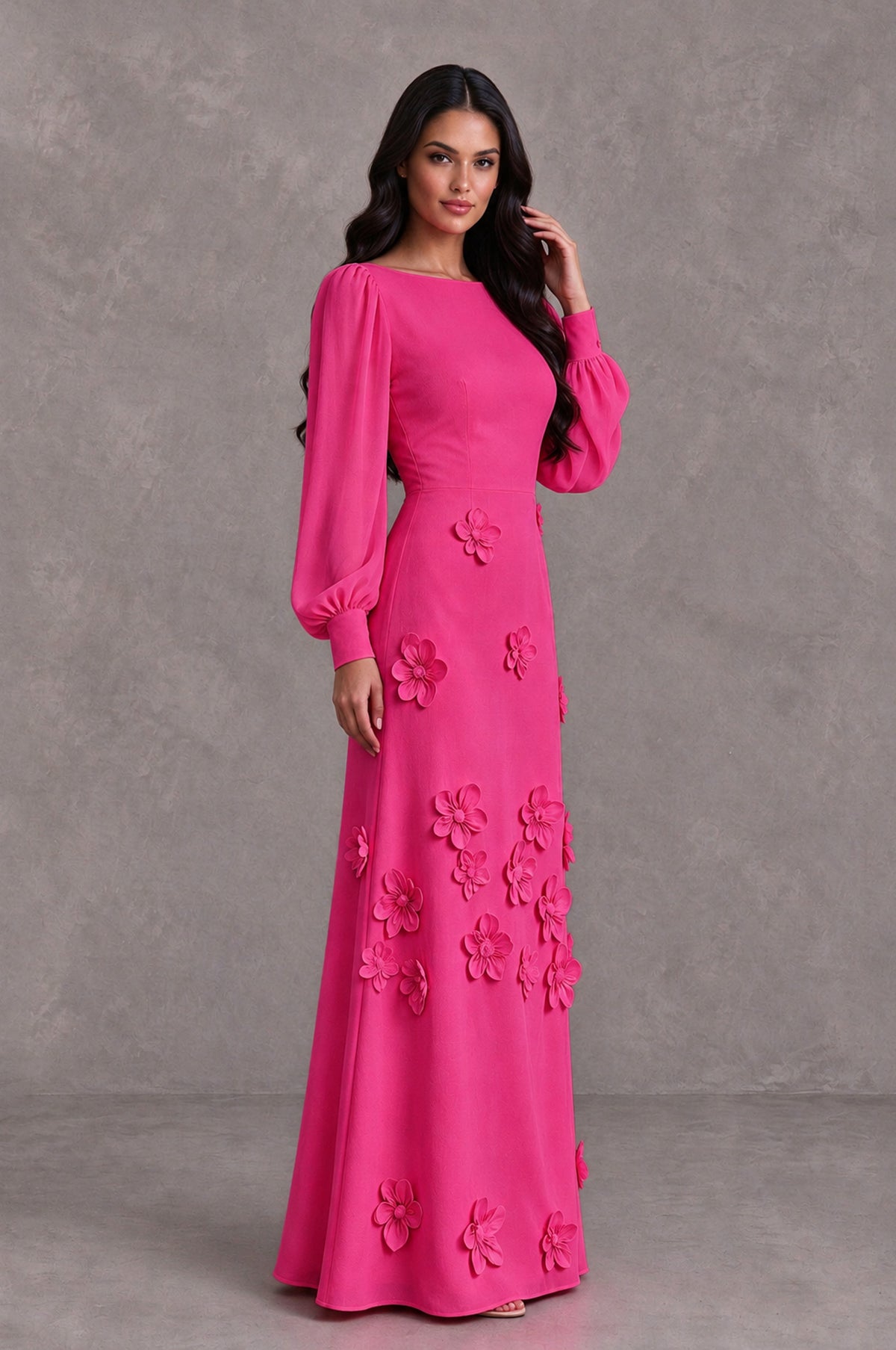 BOLODOO Hot Pink Long Sleeve Floral Applique A-Line Evening Dress - Hot Pink - Hot Pink_4